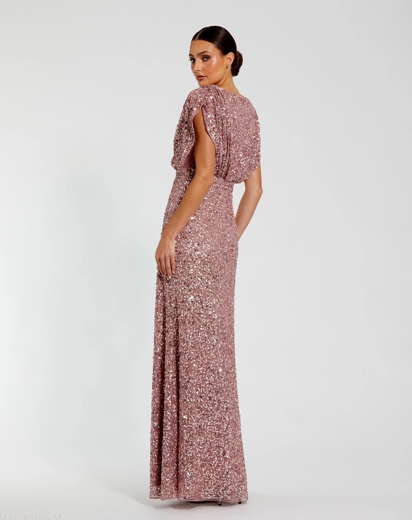 Purple Draped Sleeve V Neck Gown - Mac Duggal