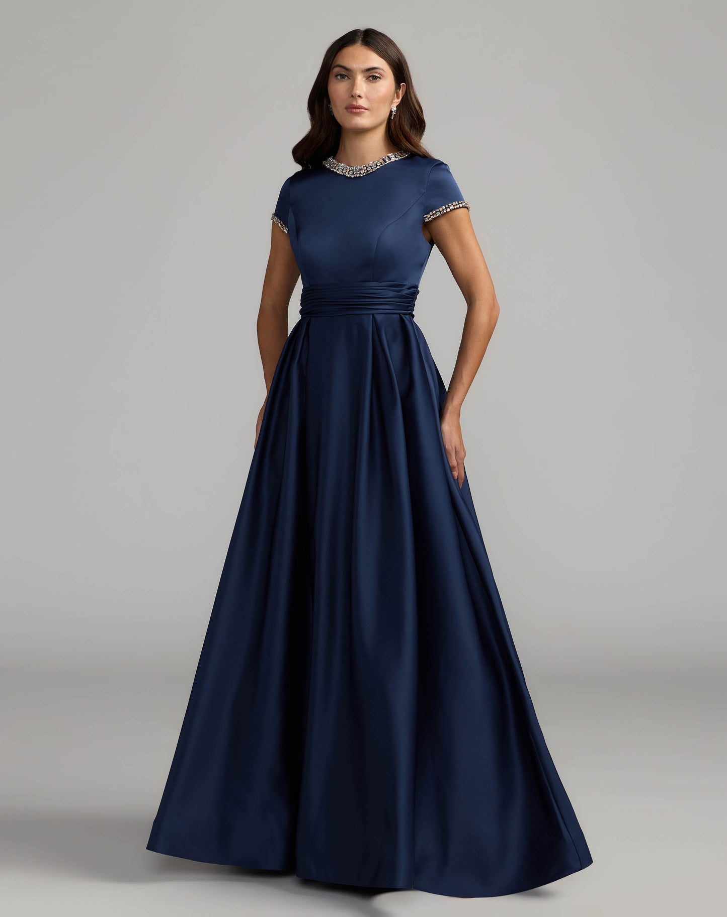Navy Embellished Satin Cap Sleeve Ball Gown Mac Duggal