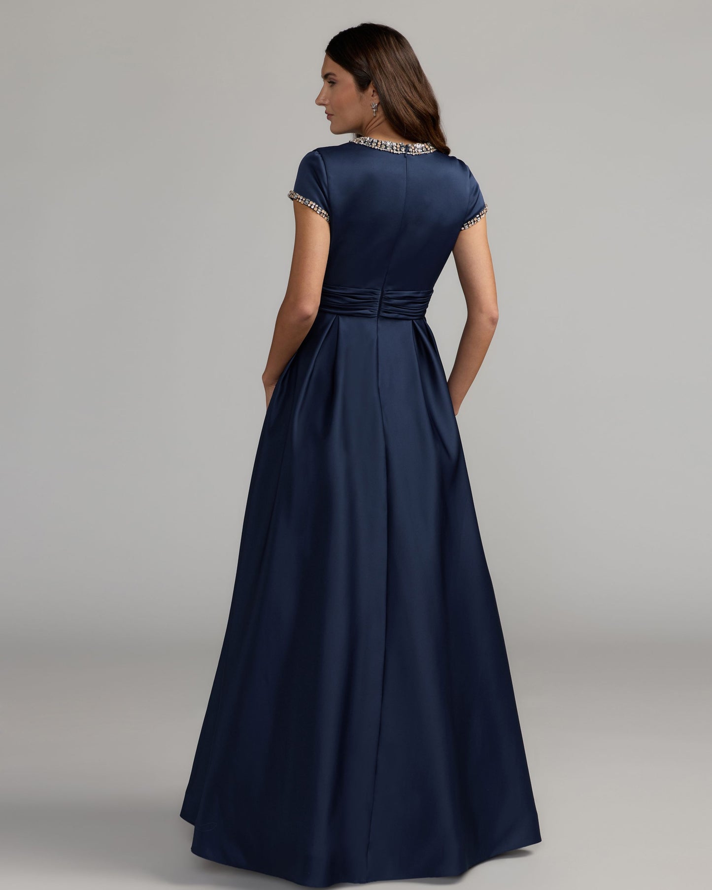 Navy Embellished Satin Cap Sleeve Ball Gown Mac Duggal