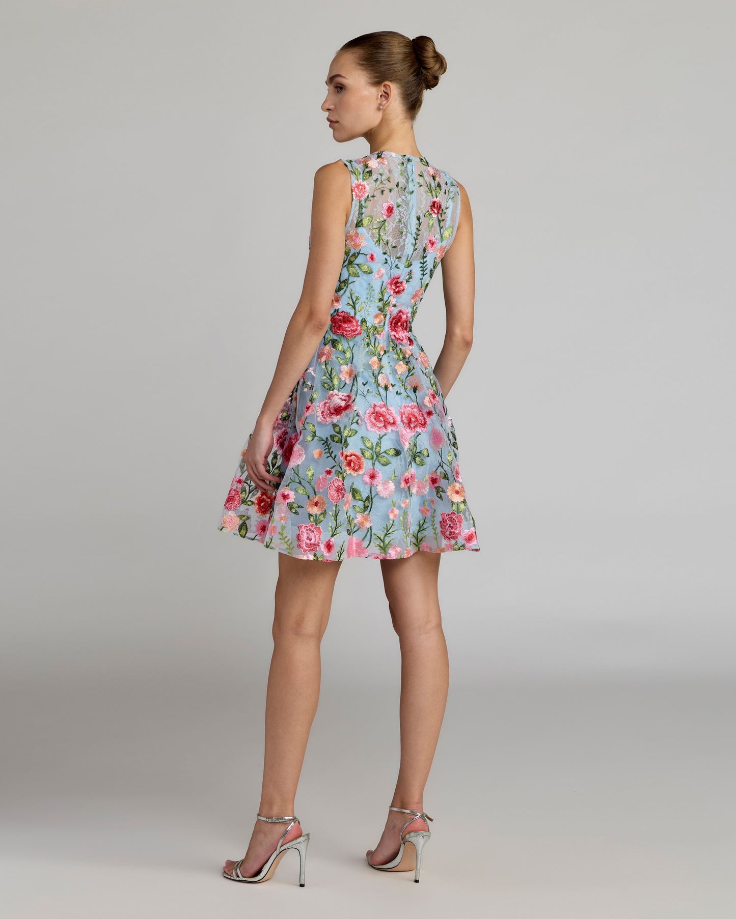 Blue Floral Embroidered Sleeveless A-Line Mini Dress Mac Duggal