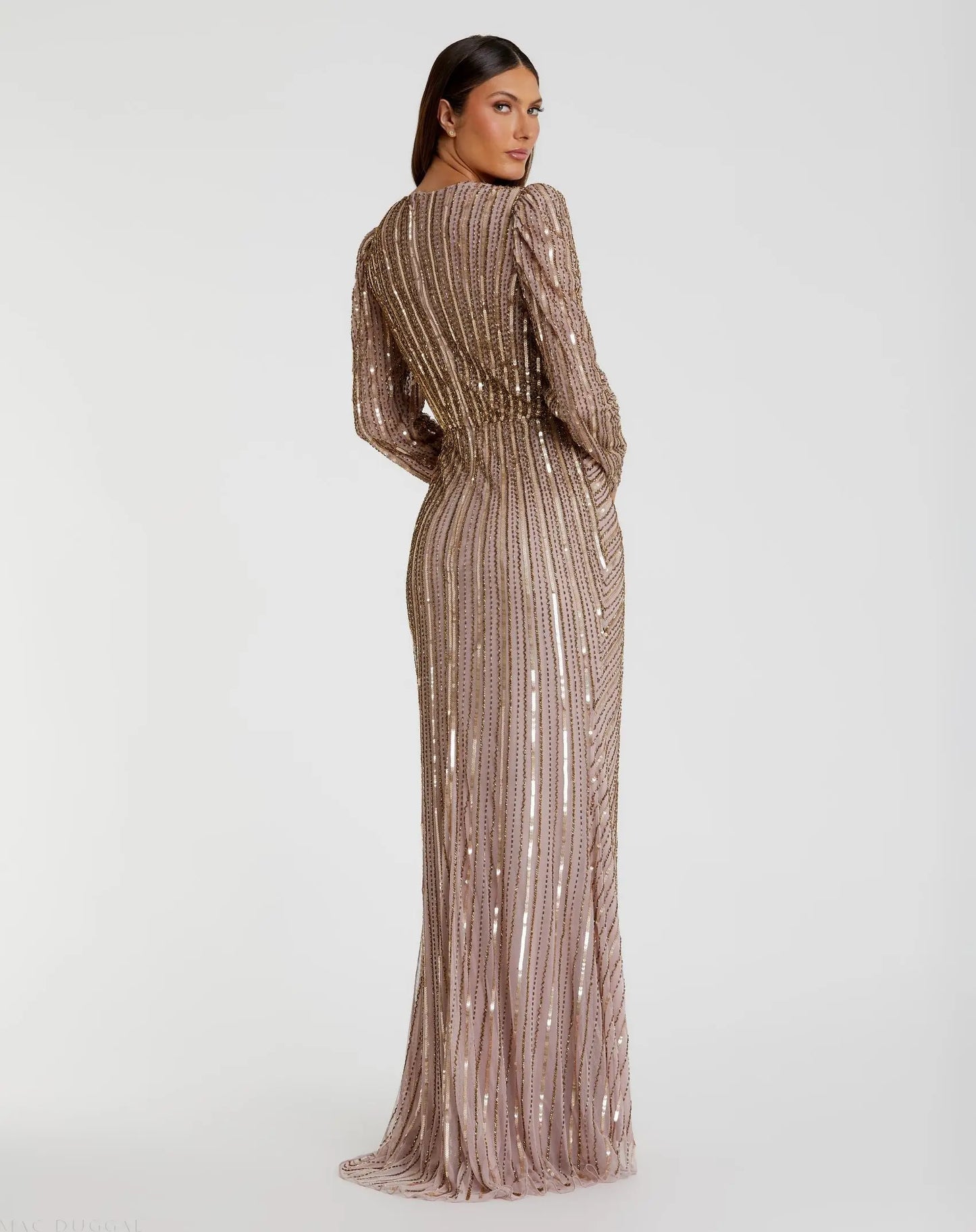 Brown Embellished Puff Sleeve Side Knot Gown - Mac Duggal