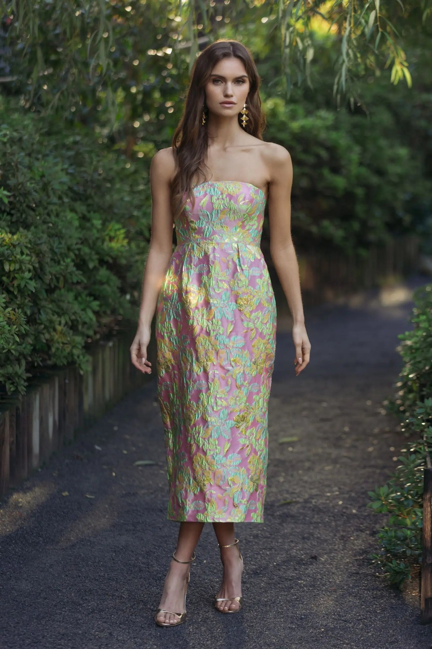 Multicolor Strapless Floral Brocade Midi Dress - Mac Duggal