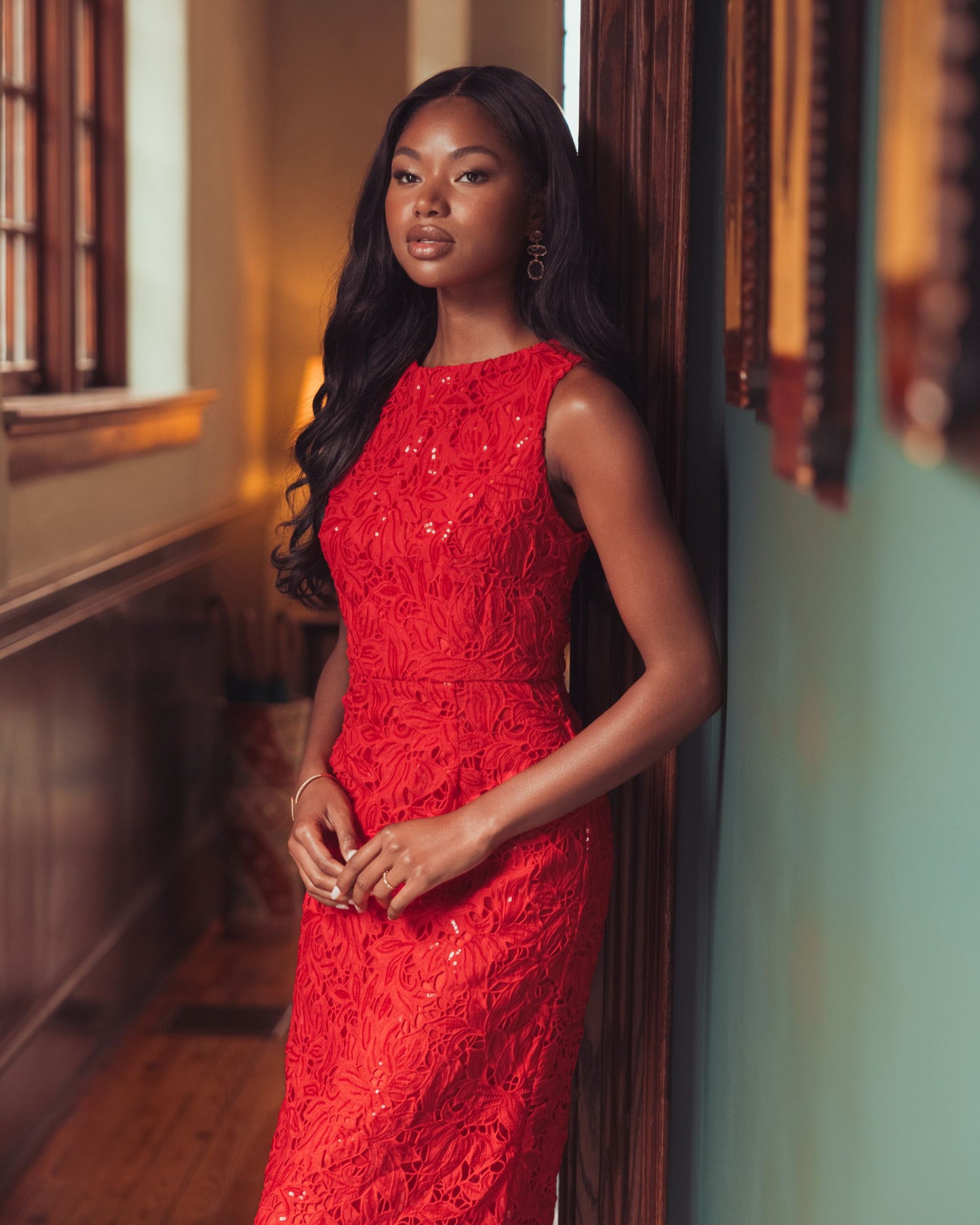 Red Sleeveless Embroidered Lace Midi Dress - Mac Duggal