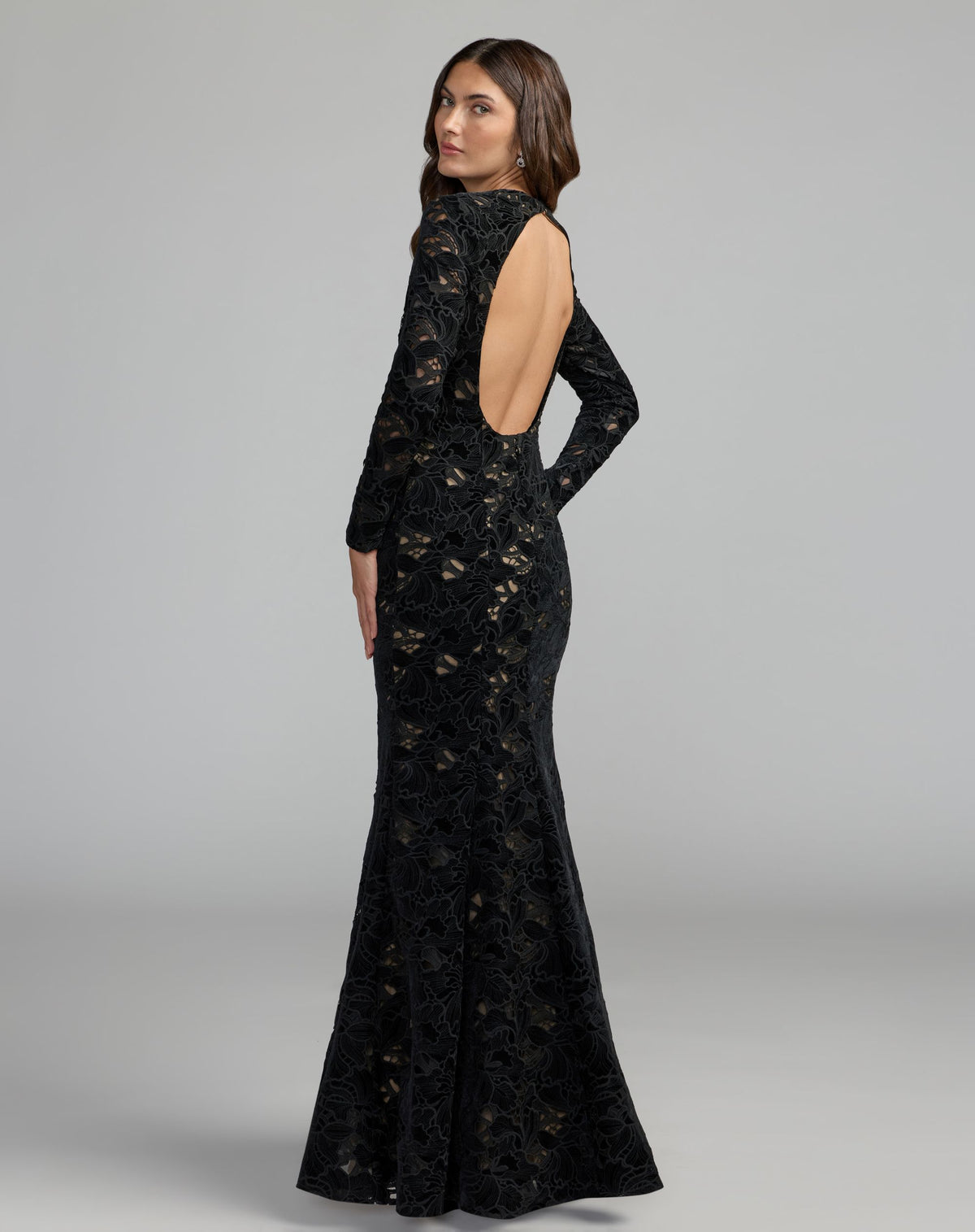 Black Nude Long Sleeve Open Back Embroidered Gown - Ieena for Mac Duggal