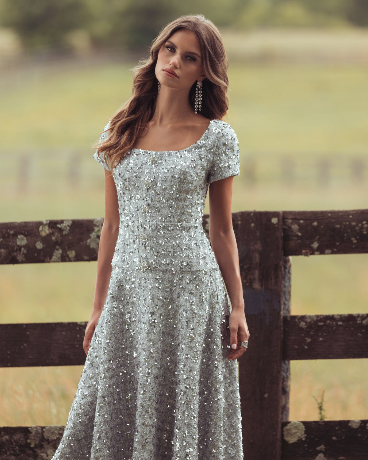 Platinum Sequin Button Up Boucle Midi Dress - Mac Duggal