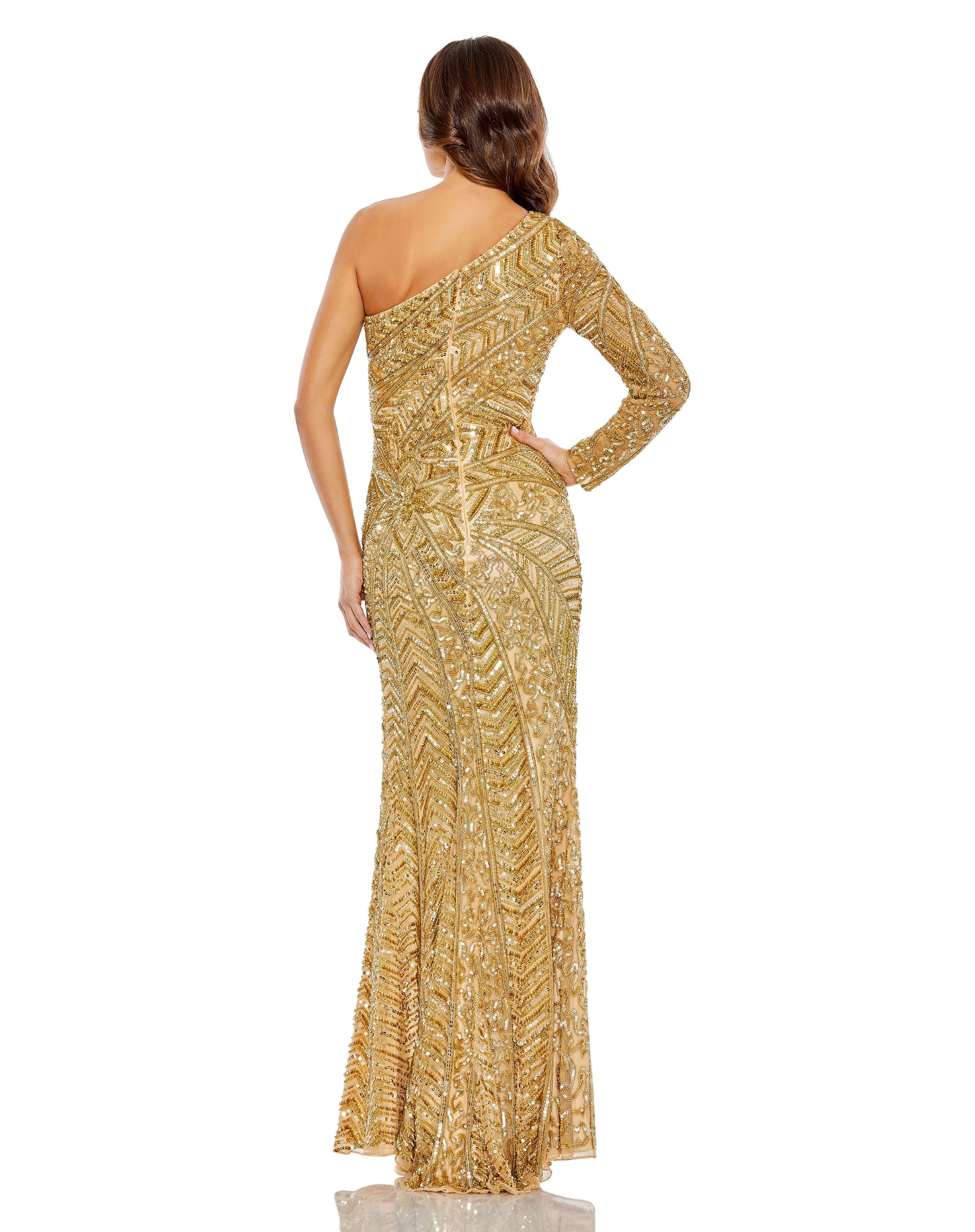 Embellished Illusion One Sleeve Gown