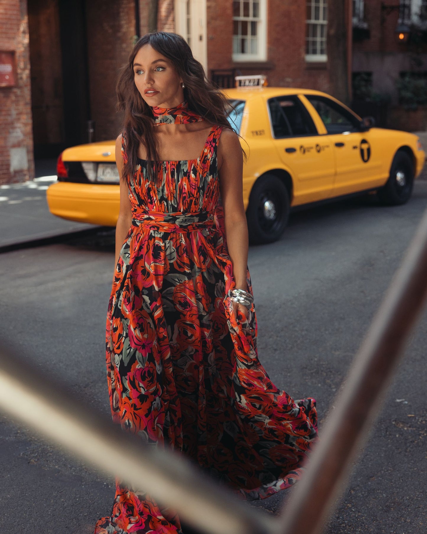 Orange Multicolor Floral Chiffon Gown With Scarf Mac Duggal