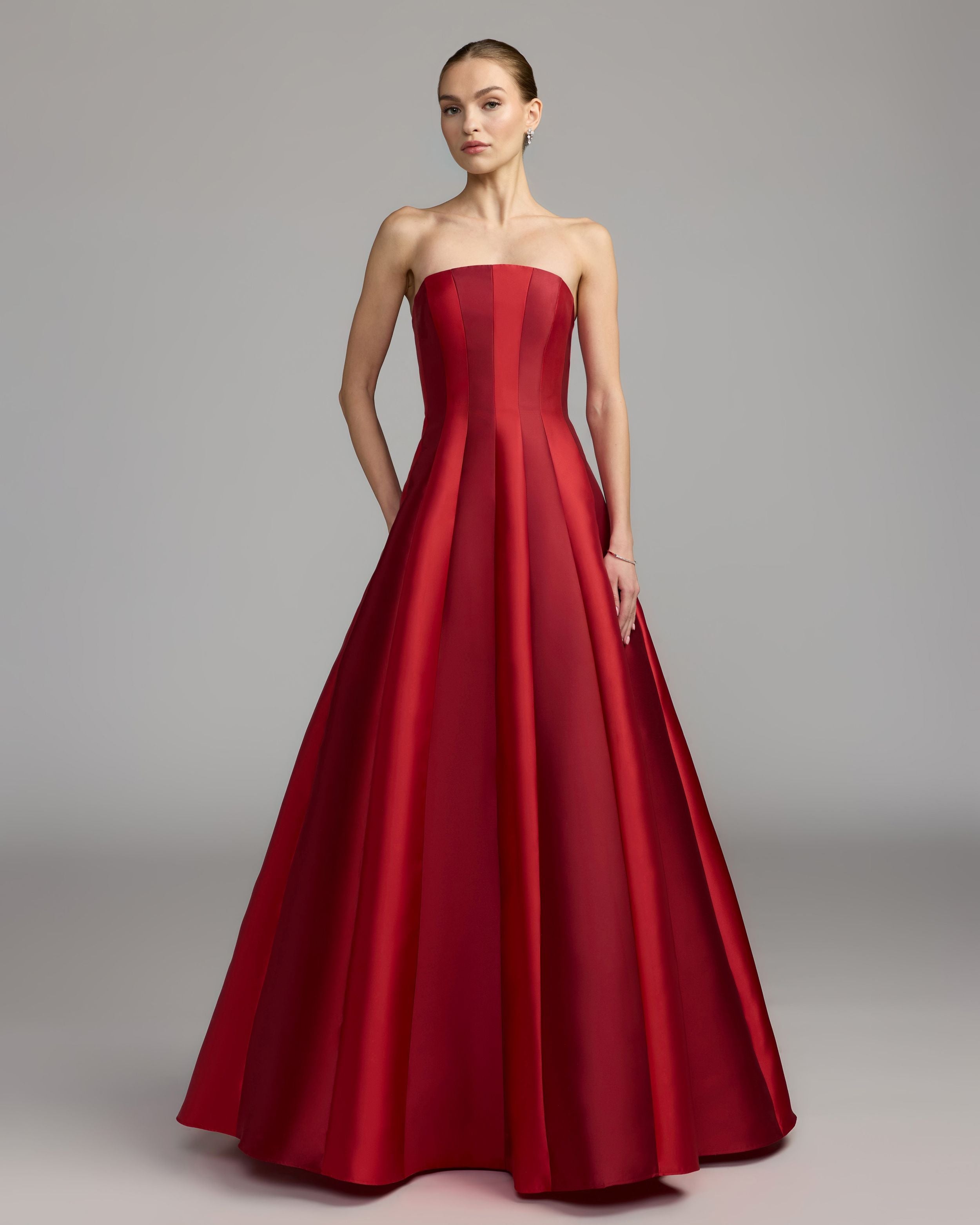 Red Strapless Mikado Panel Ball Gown - Ieena for Mac Duggal