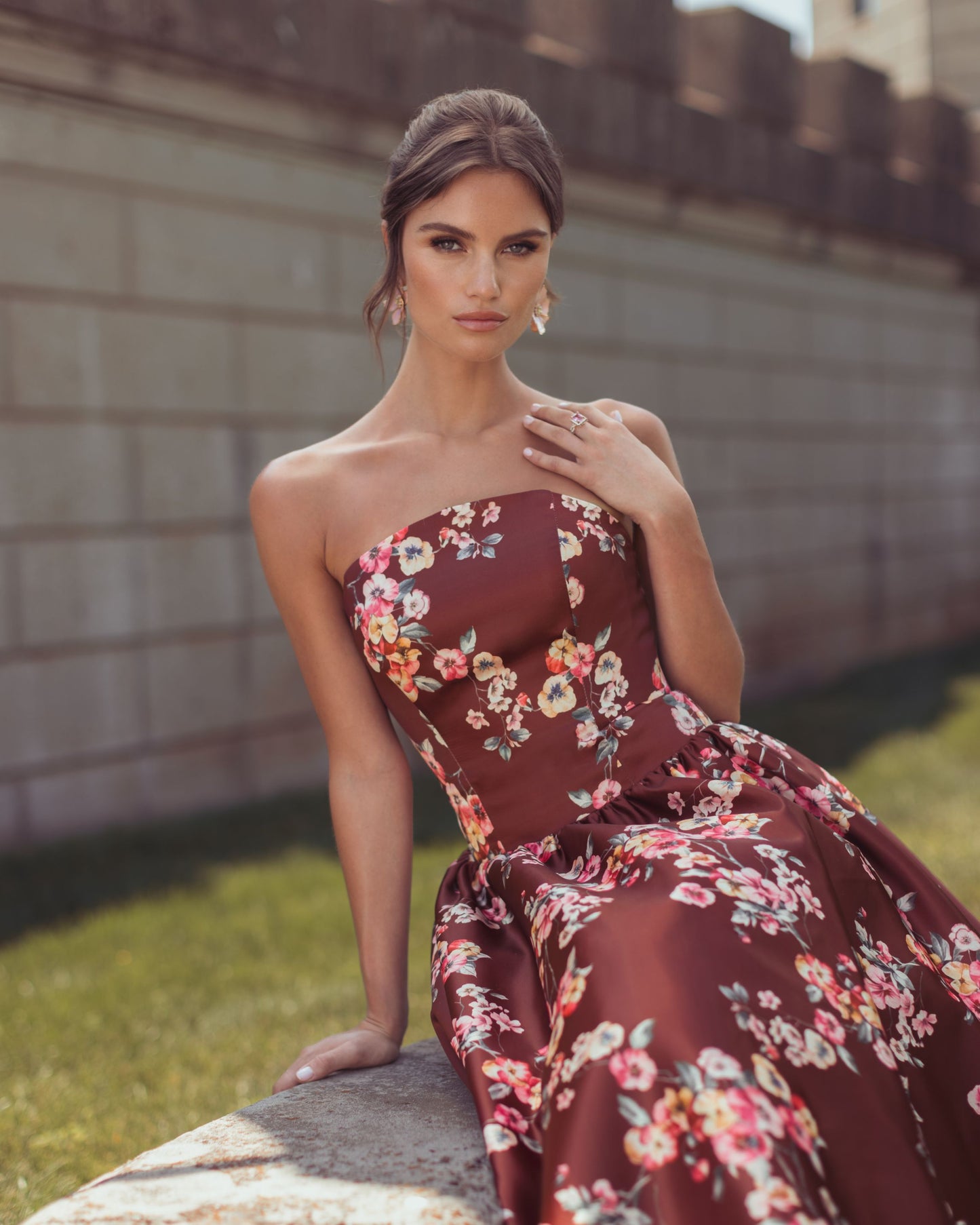 Brown Floral Satin Strapless A-Line Midi Dress - Mac Duggal