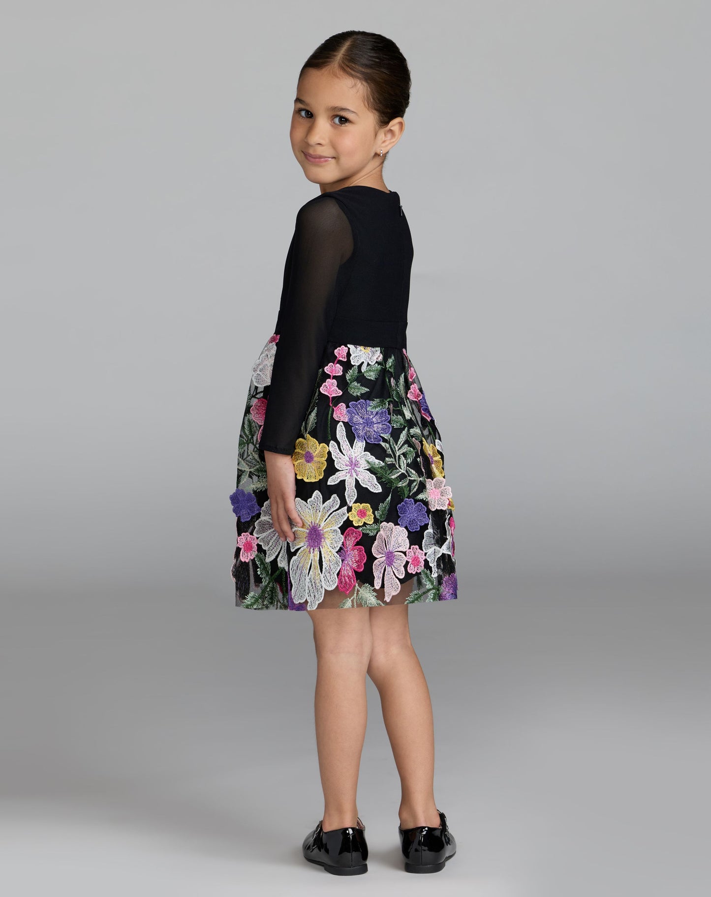 Girls Black Long Sleeve Floral Embroidered Dress - Mac Duggal