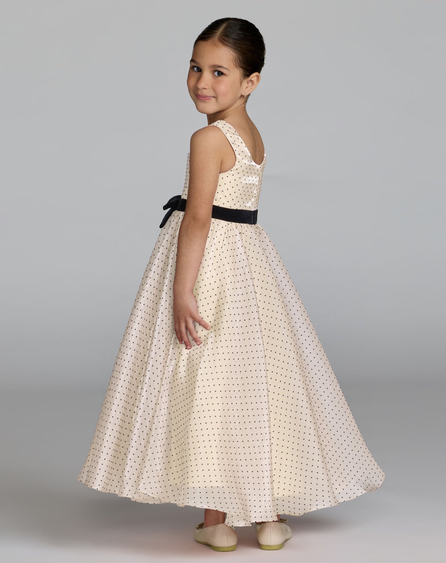 Girls Ivory Polka Dot Square Neck Dress With Bow - Mac Duggal