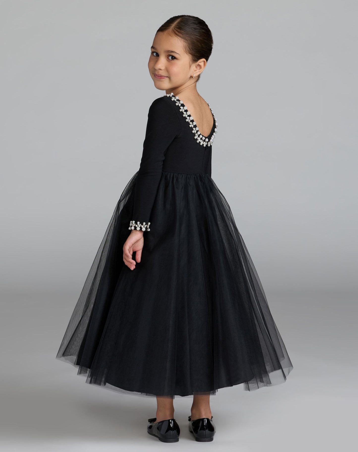 Girls Black Long Sleeve Embellished A-line Dress - Mac Duggal