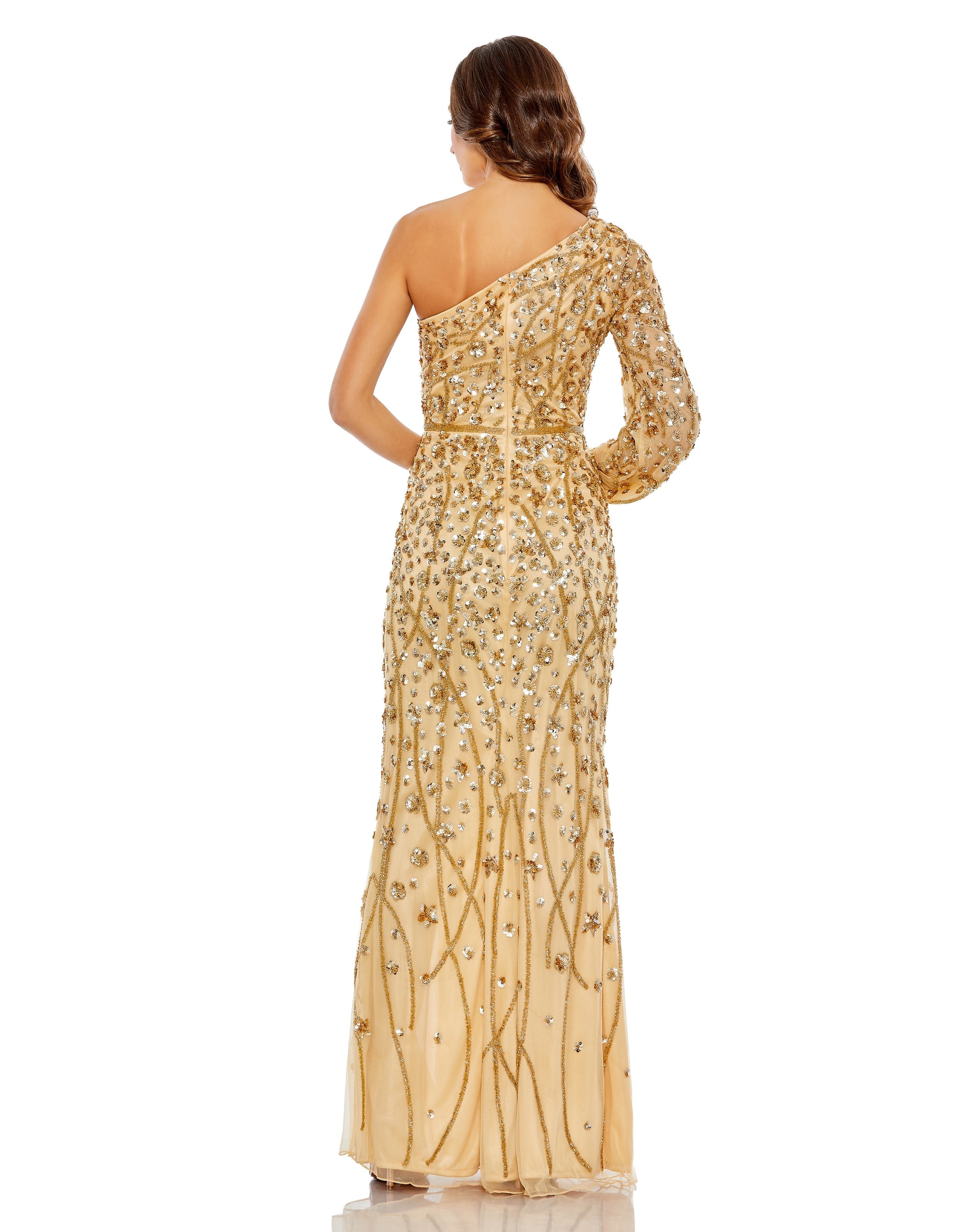 Embellished One Sleeve Faux Wrap Gown