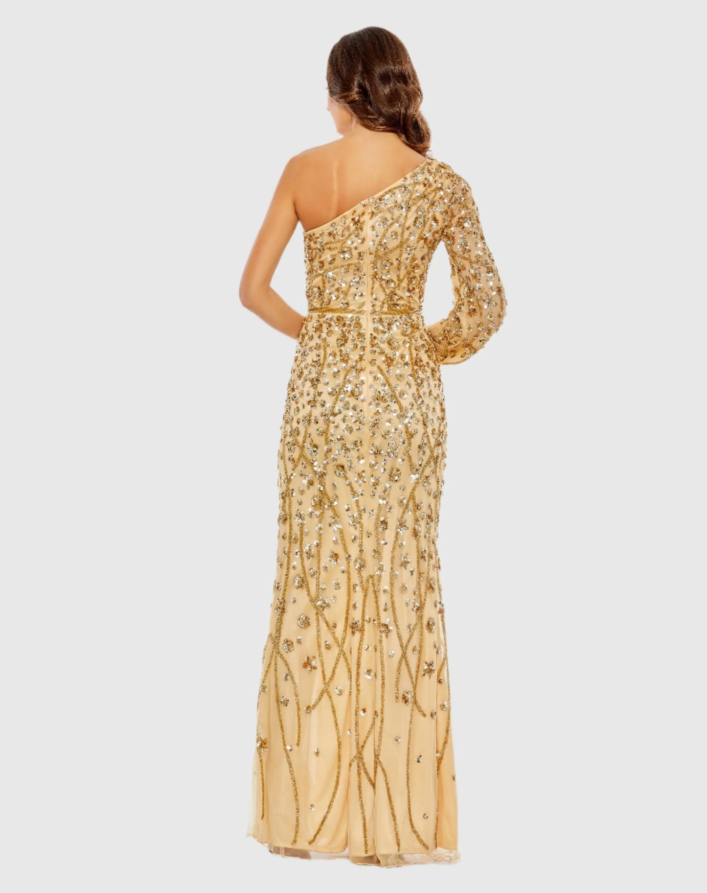 Gold Embellished One Sleeve Faux Wrap Gown - Mac Duggal