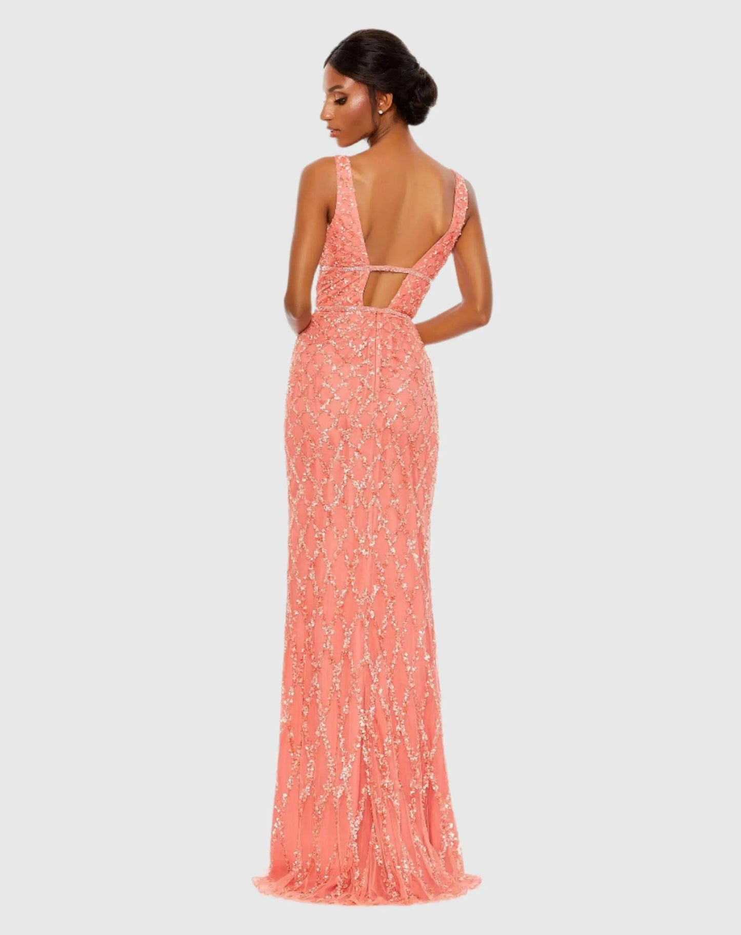Pink Sequined Plunge Neck Sleeveless Column Gown - Mac Duggal