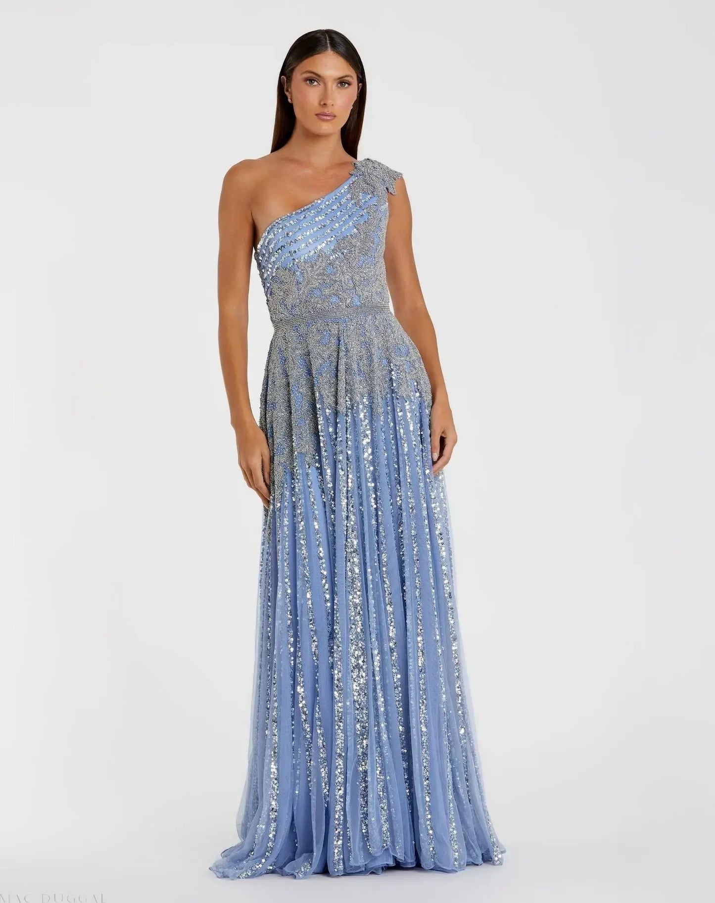 Blue Beaded Embellished One Shoulder A Line Gown - Mac Duggal