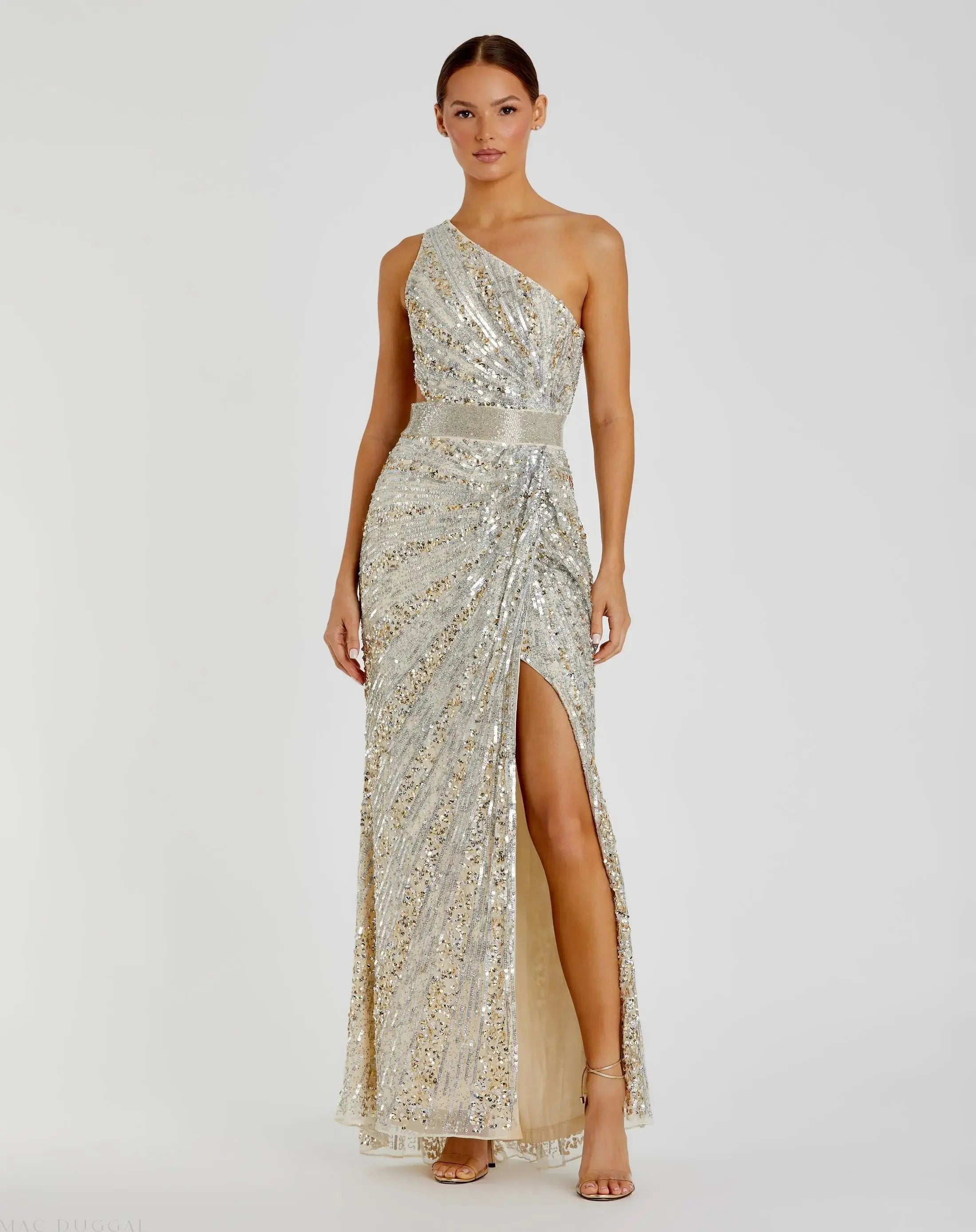 Silver Sequined One Shoulder Draped Lace Up Gown - Mac Duggal Silver Sequined One Shoulder Draped Lace Up Gown - Mac Duggal