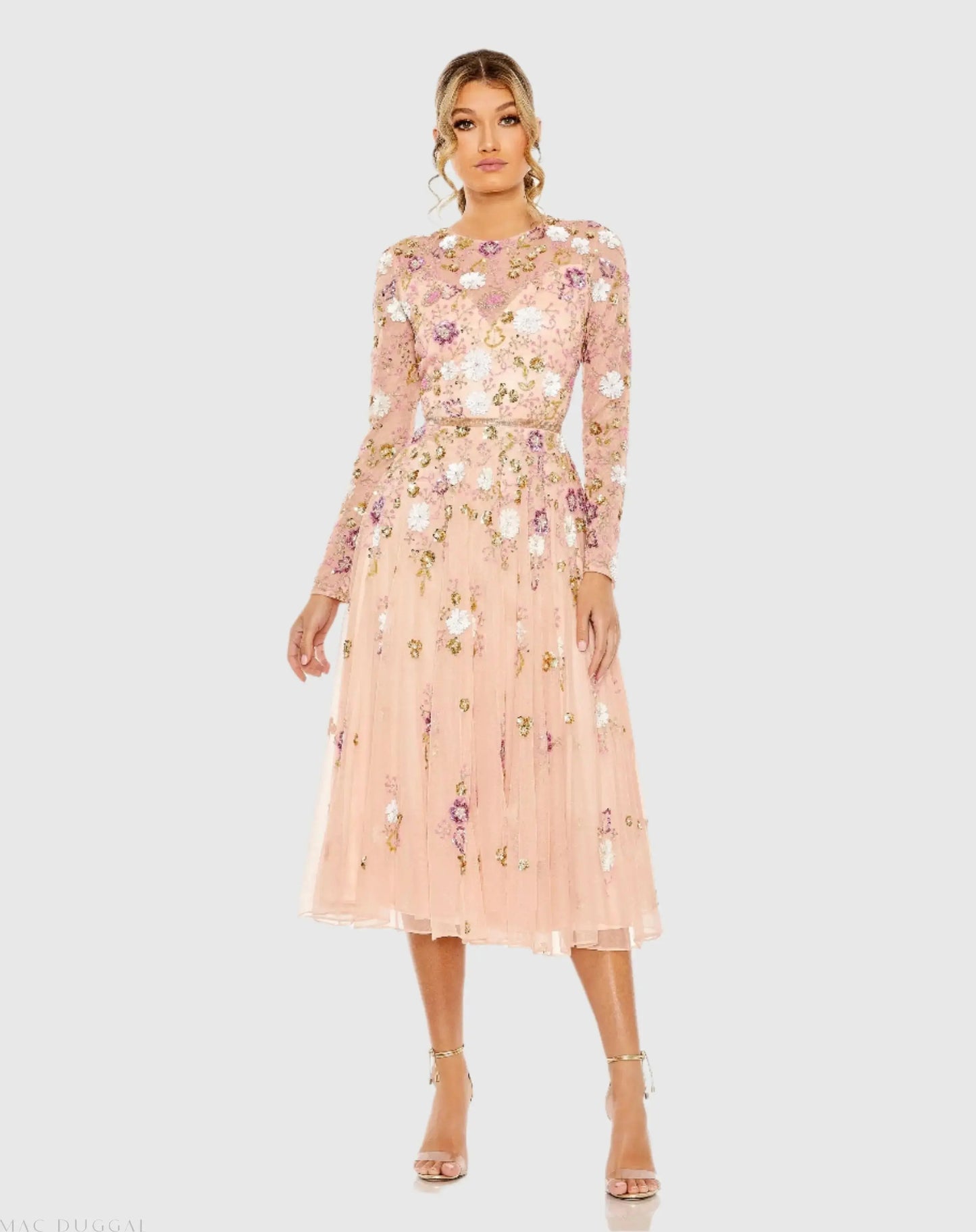 Pink Sequined Floral Long Sleeve High Neck Midi Dress - Mac Duggal