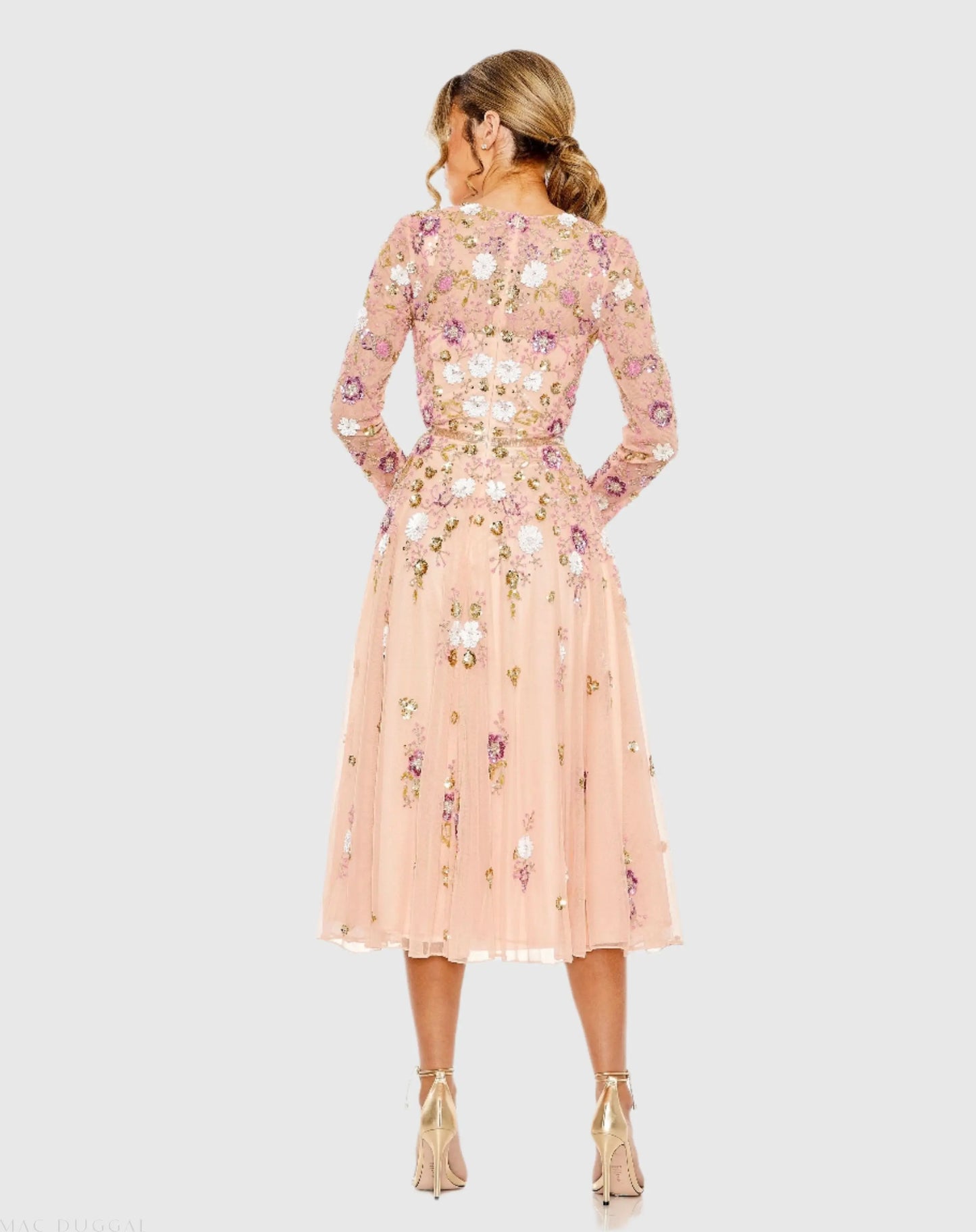 Pink Sequined Floral Long Sleeve High Neck Midi Dress - Mac Duggal