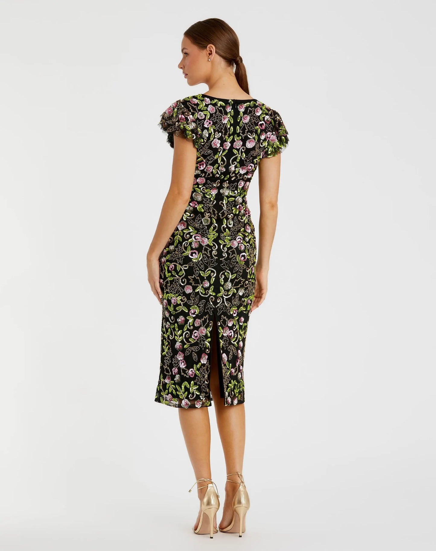 Black Floral Embellished Flutter Cap Sleeve Dress - Mac Duggal