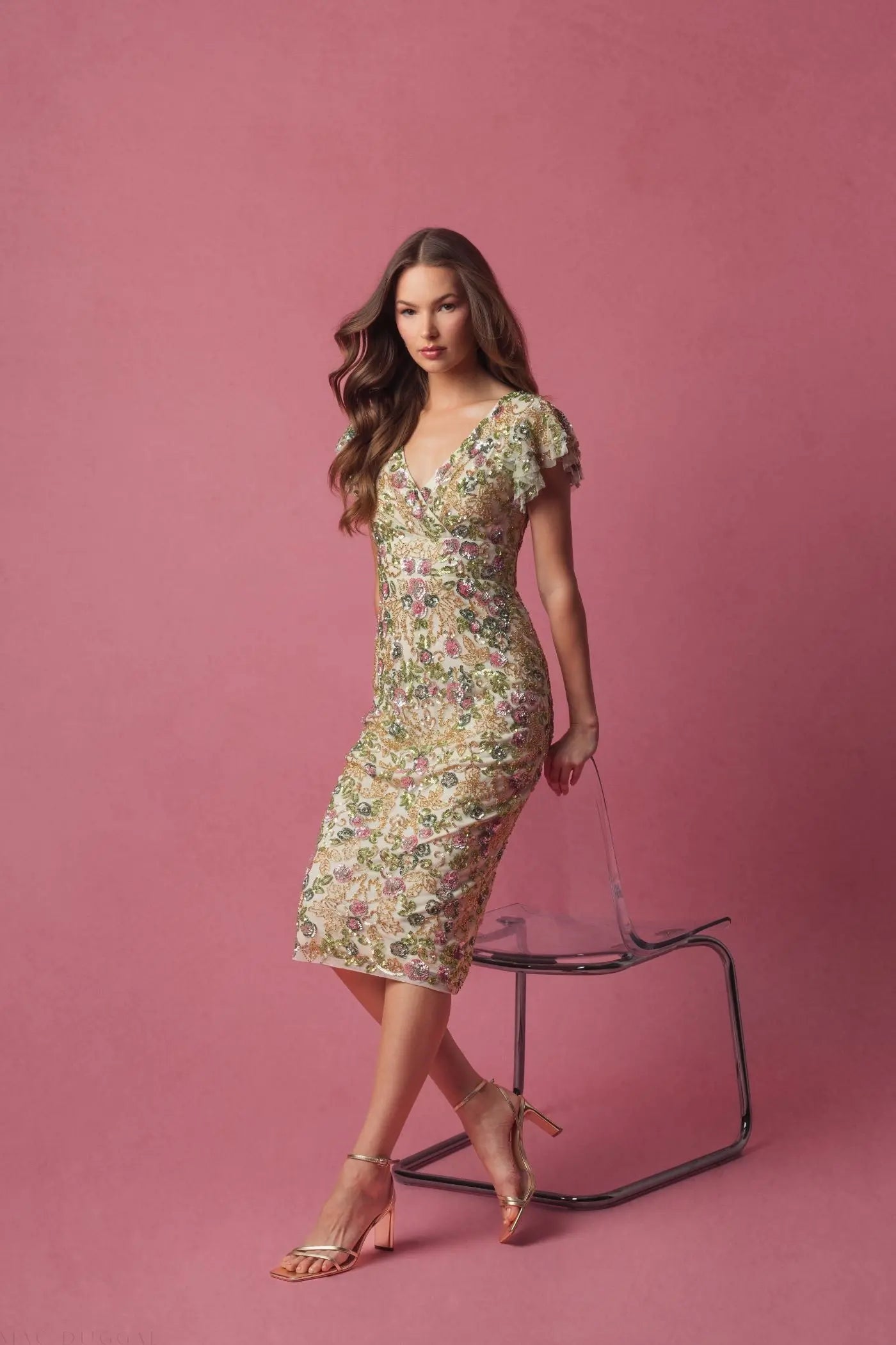 Beige Floral Embellished Flutter Cap Sleeve Dress - Mac Duggal