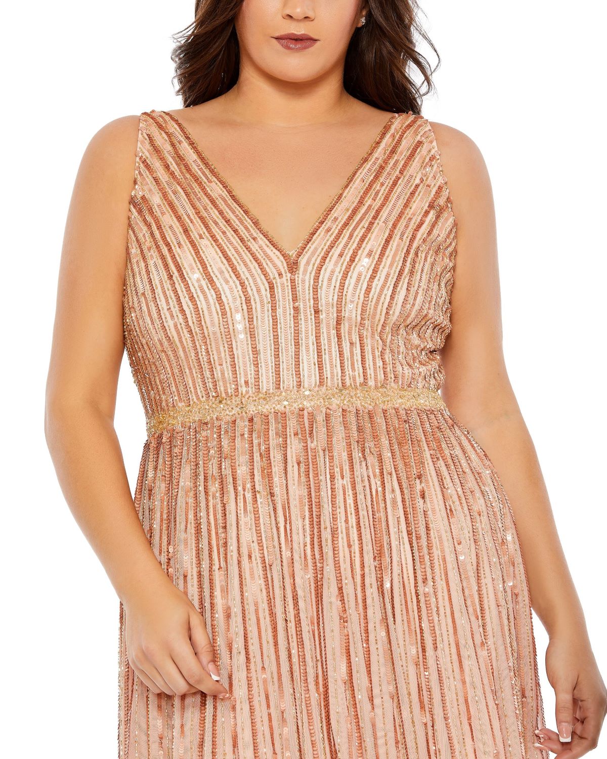 Sequined Striped Sleeveless V Neck A Line Gown (Plus)