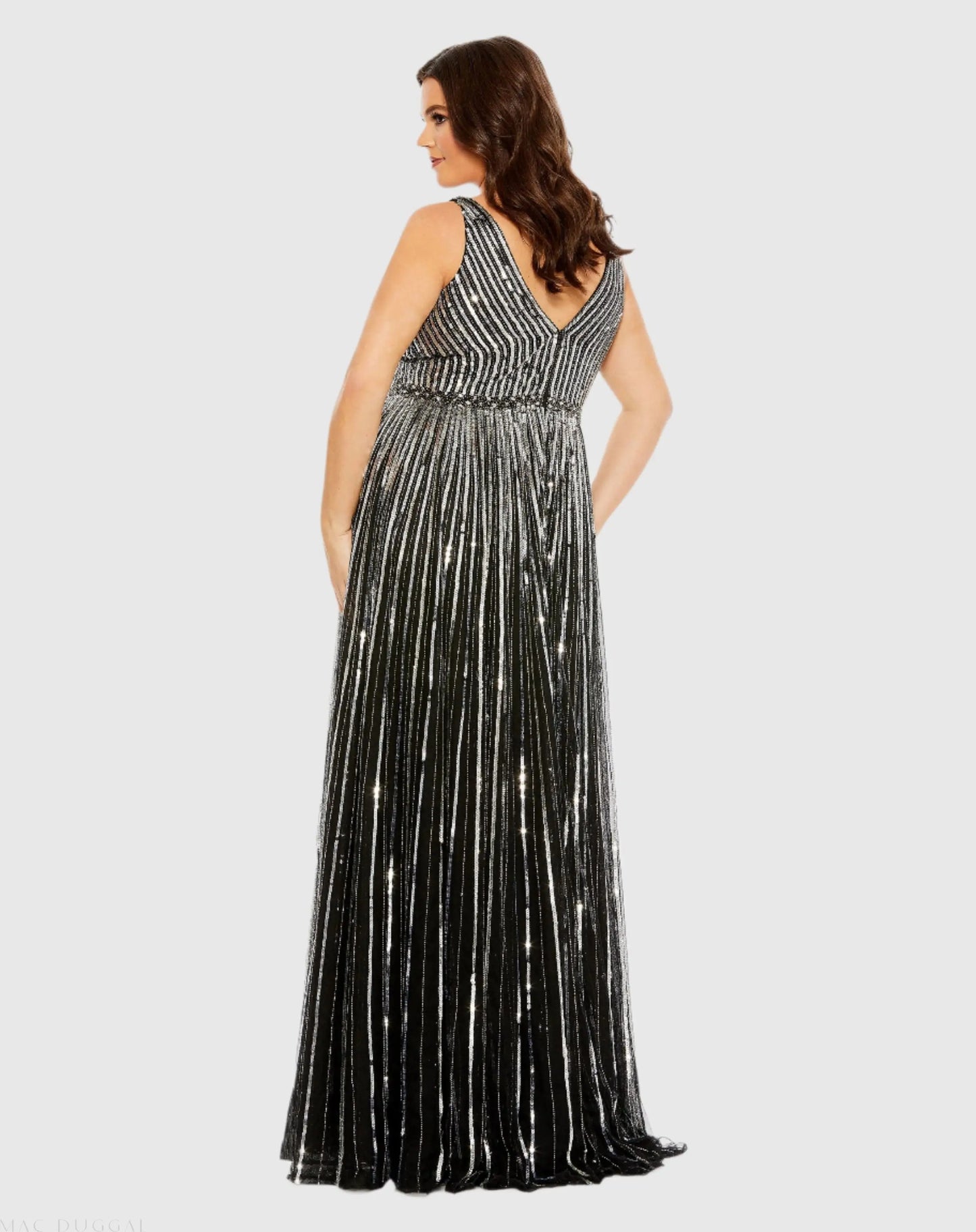Black and Silver Sequined Striped Sleeveless V Neck A Line Gown (Plus) - Mac Duggal