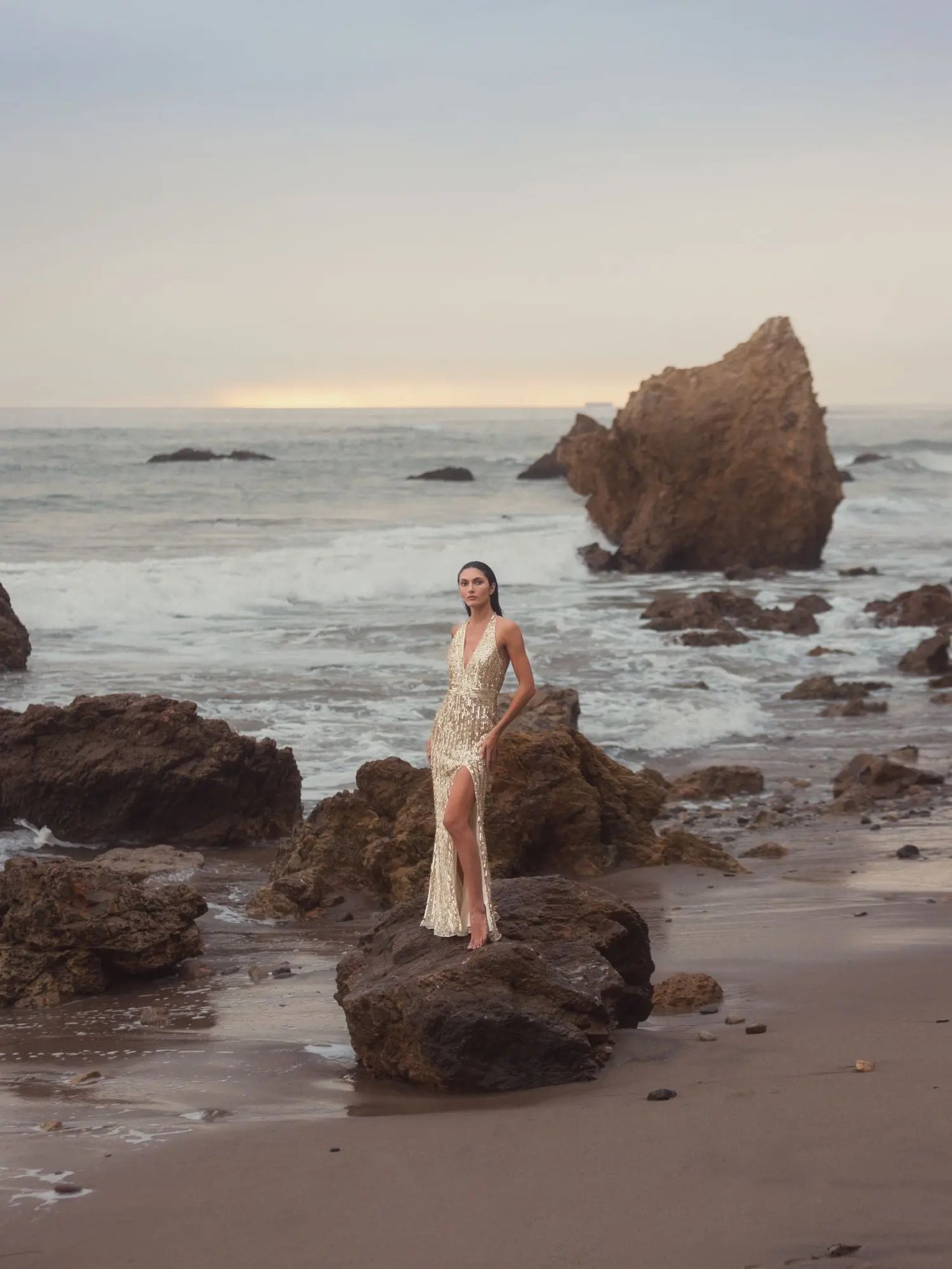 Gold Sequined Halter Strap Trumpet Gown - Mac Duggal