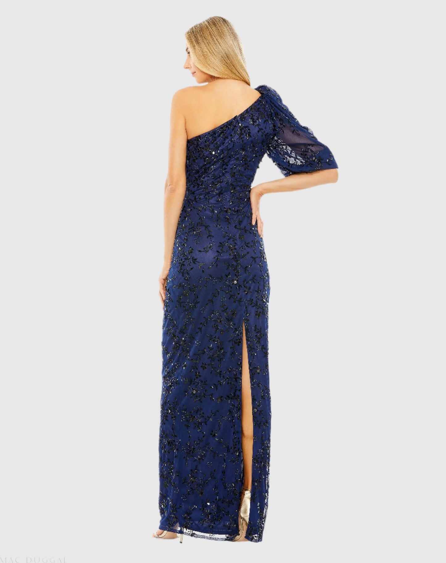 Navy One Shoulder Puff Sleeve Embellished Column Gown - Mac Duggal