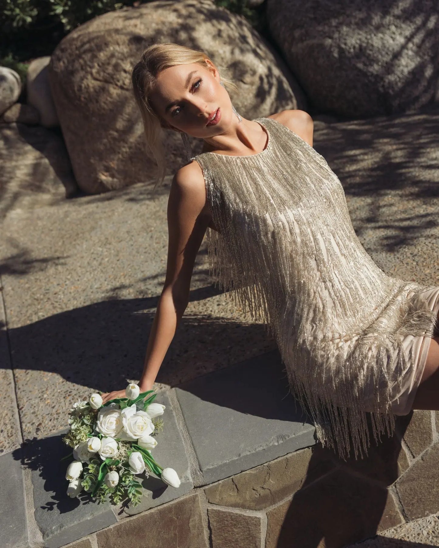 Ivory Beaded Fringe Mini Dress Mac Duggal