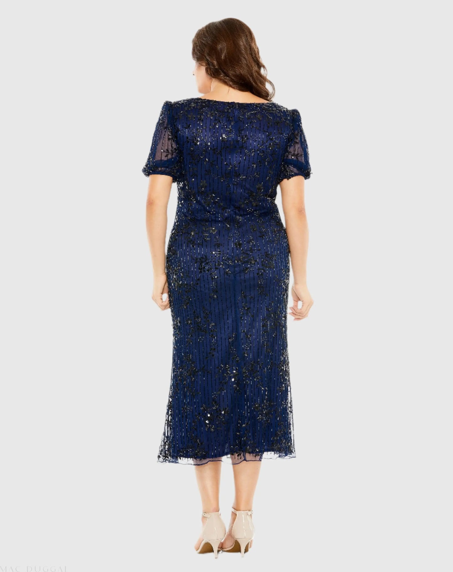 Navy High Neck Puff Sleeve Embellished Dress - Mac Duggal