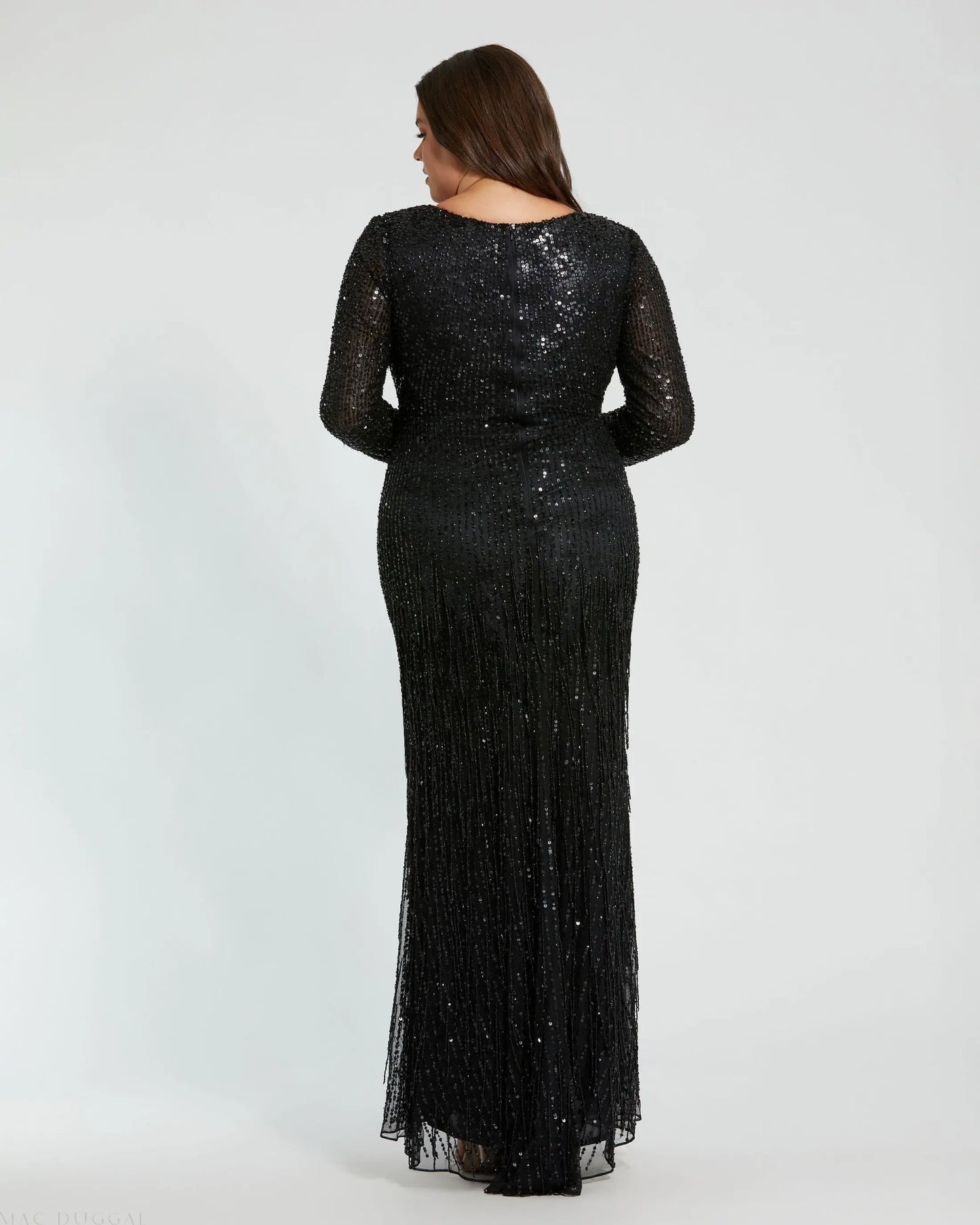 Long Sleeve V-Neck Beaded Fringe Gown - Mac Duggal