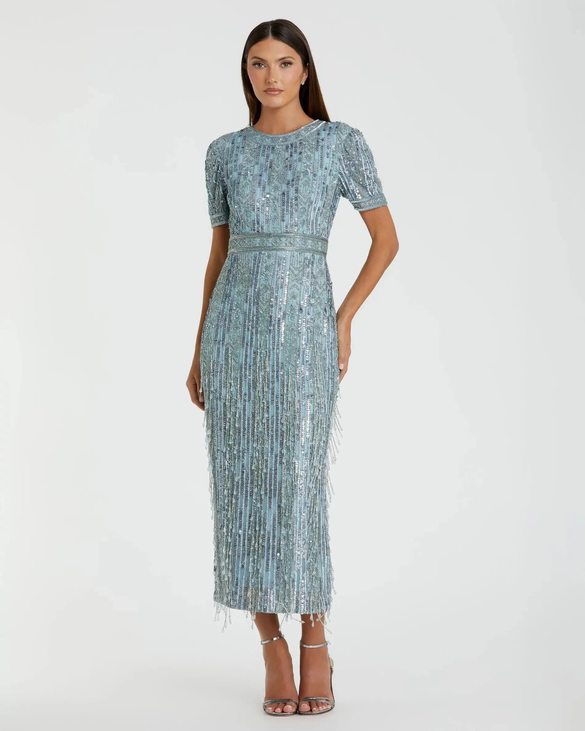 Blue High Neck Short Sleeve Crystal Fringe Column Dress | Mac Duggal Blue High Neck Short Sleeve Crystal Fringe Column Dress | Mac Duggal