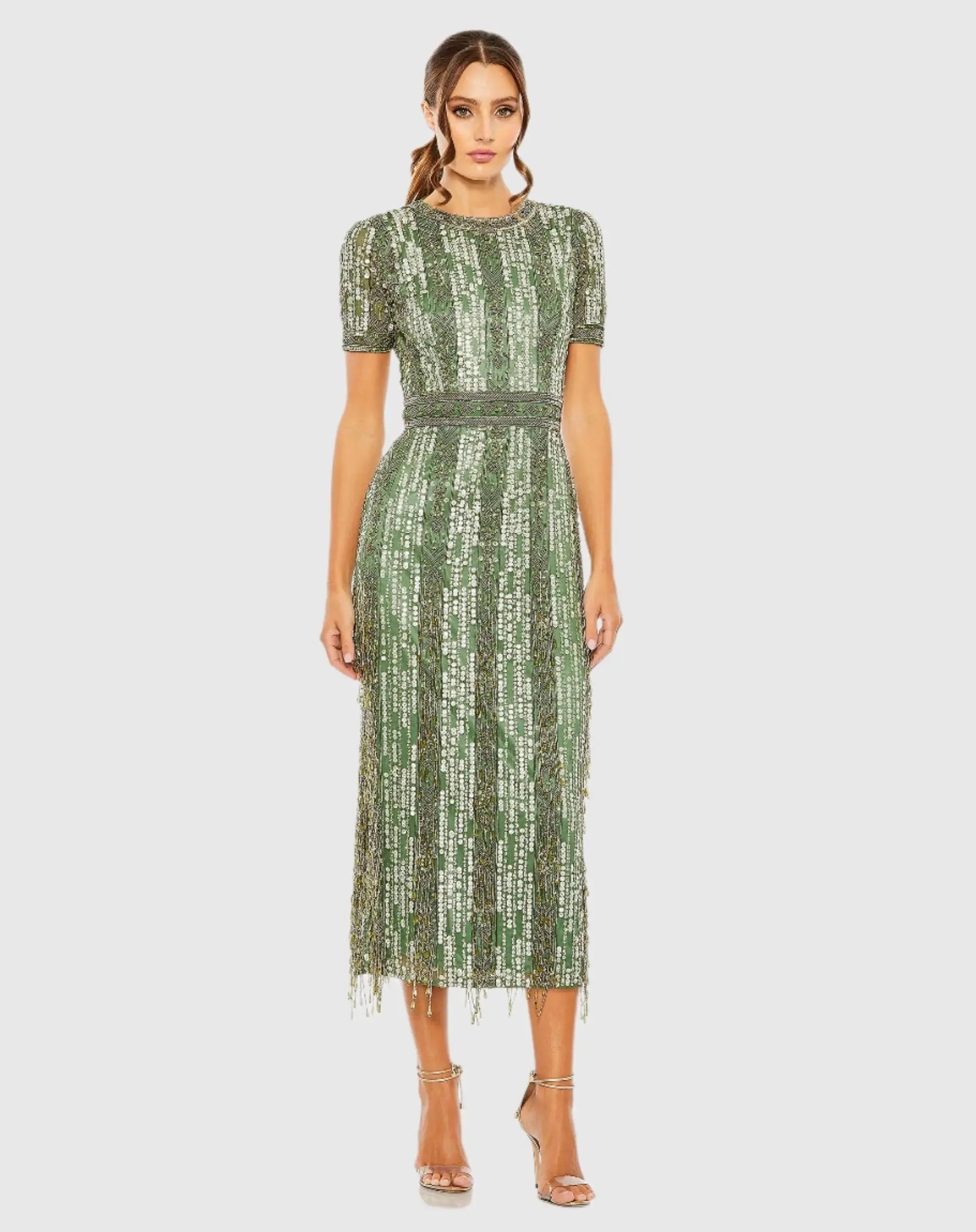 Green High Neck Short Sleeve Crystal Fringe Column Dress