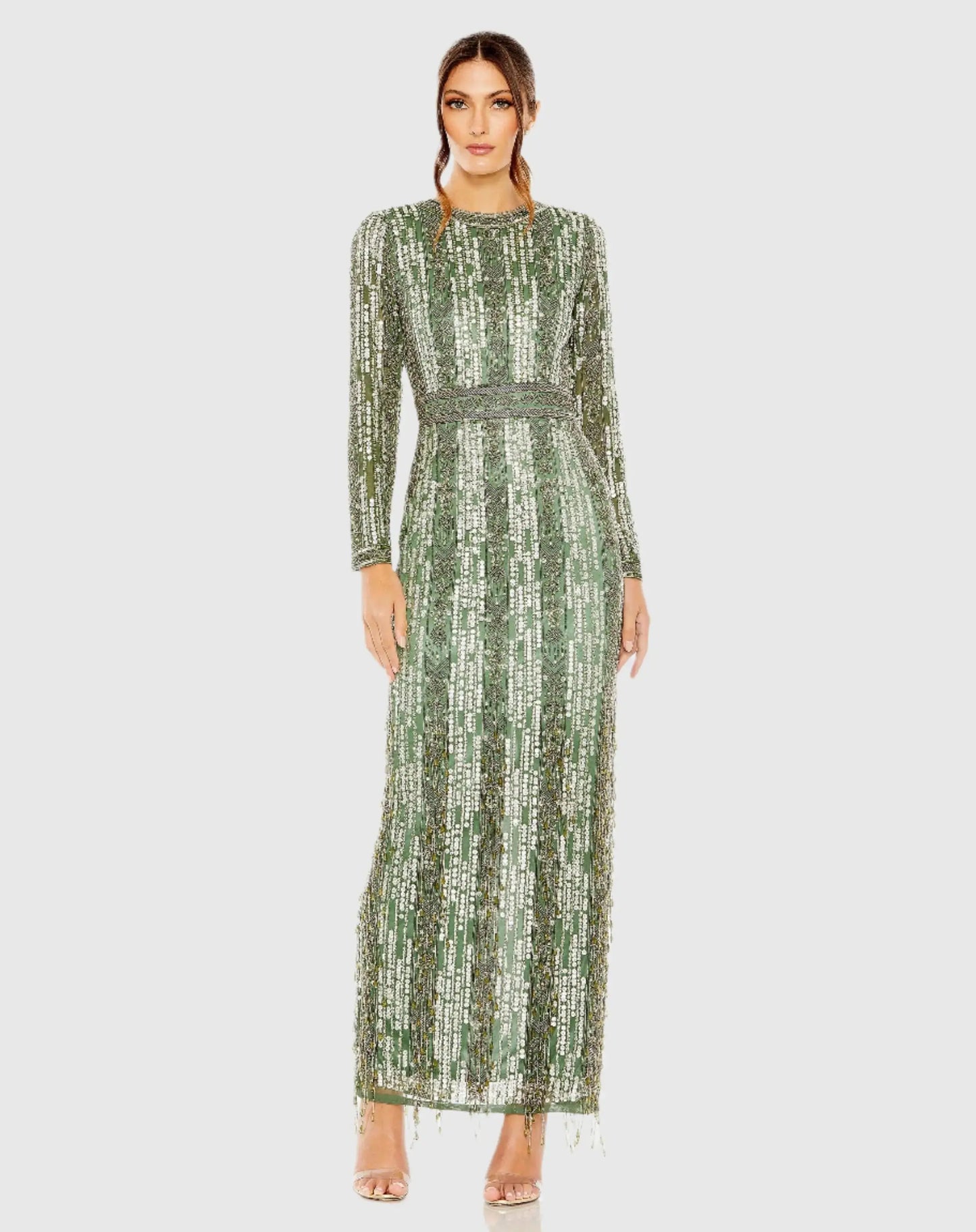 Green Long Sleeve Beaded Gown with Crystal Fringe - Mac Duggal