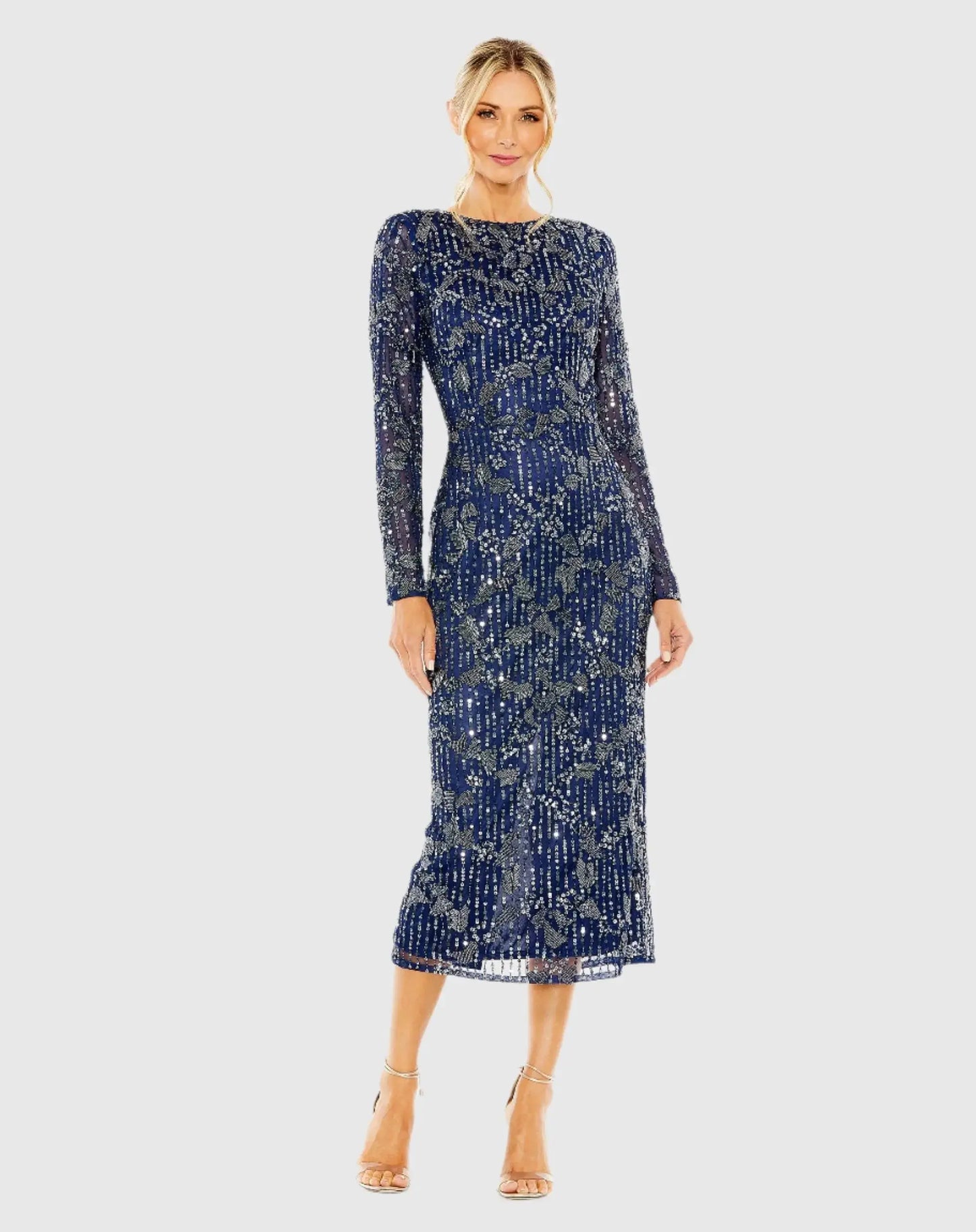 Navy High Neck Long Sleeve Embellished Dress - Mac Duggal