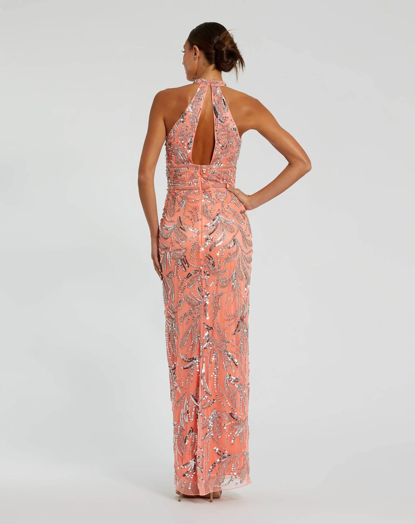 High Neck Embellished Mesh Gown With Slit - Mac Duggal