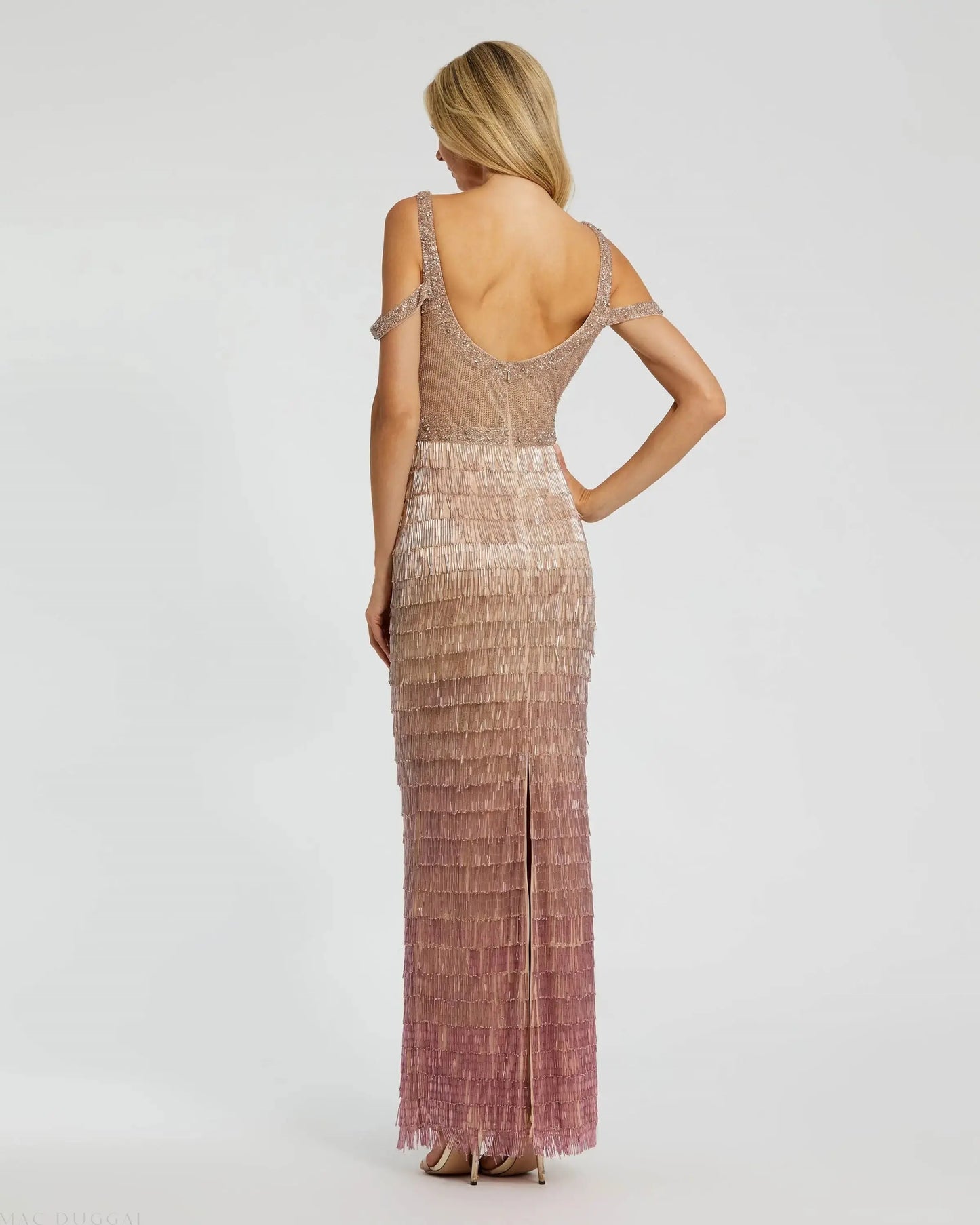 Pink Scoop Neck Embellished Fringe Ombre Gown - Mac Duggal