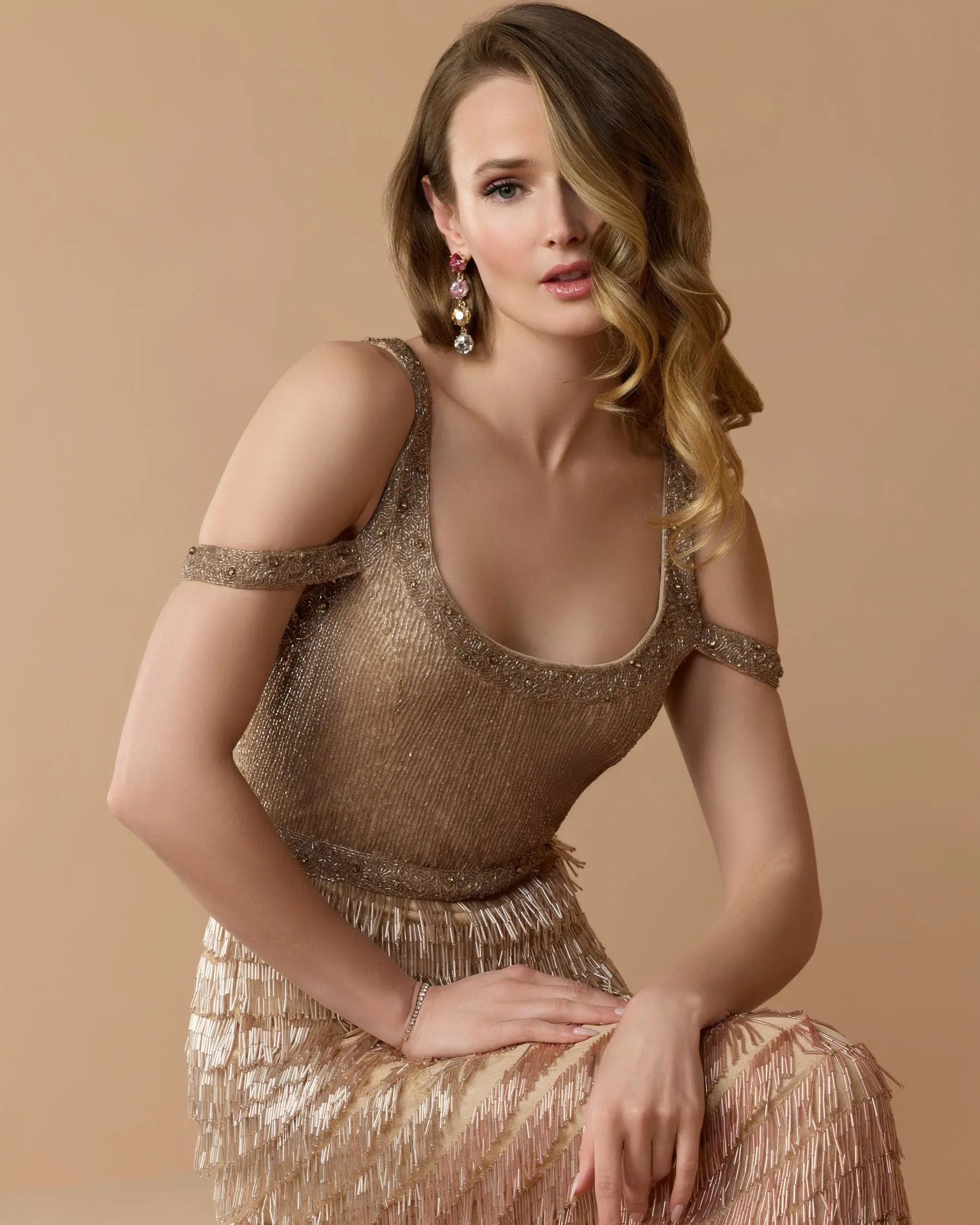 Pink Scoop Neck Embellished Fringe Ombre Gown