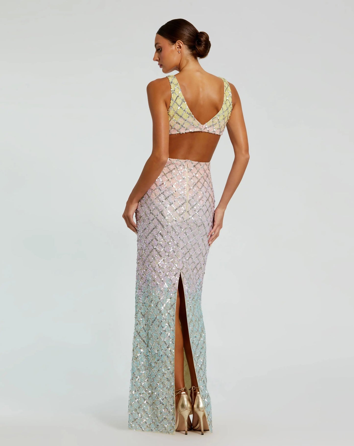 Multicolor V Neck Ombre Beaded Gown With Side Cut Outs - Mac Duggal