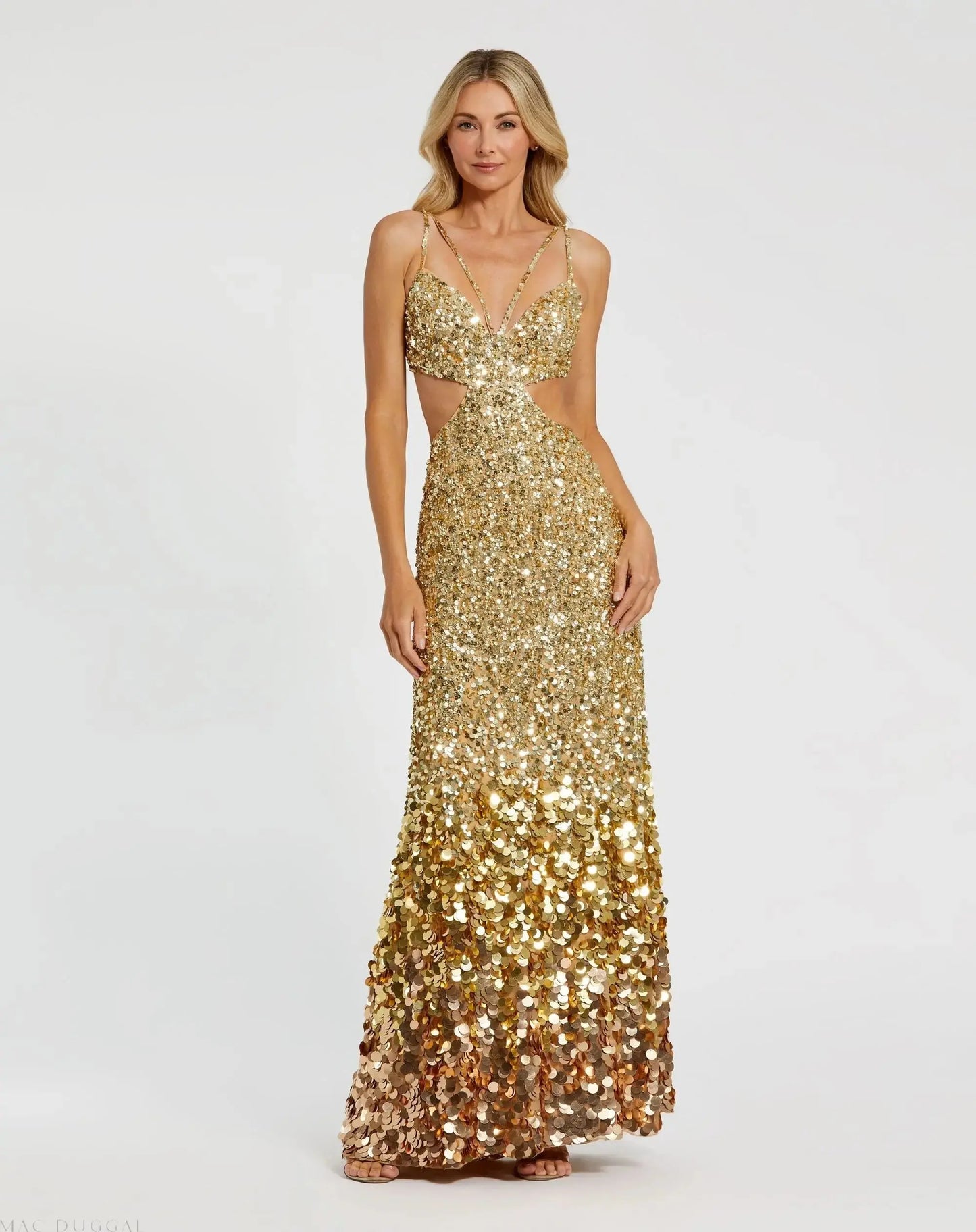 Gold Thin Strap Cut Out Gown With Ombre Sequins - Mac Duggal