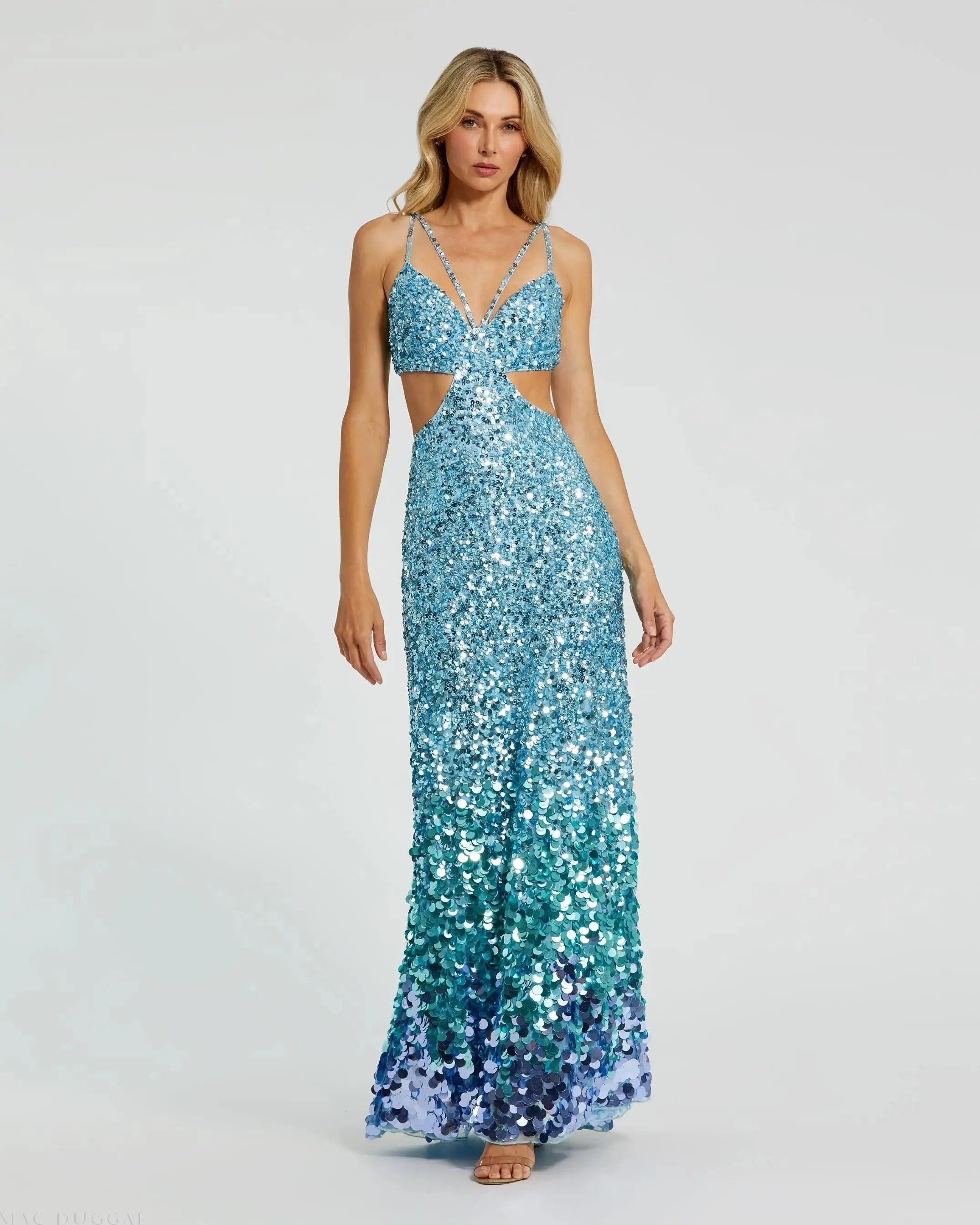 Blue Thin Strap Cut Out Evening Gown With Ombre Sequins - Mac Duggal Blue Thin Strap Cut Out Evening Gown With Ombre Sequins - Mac Duggal