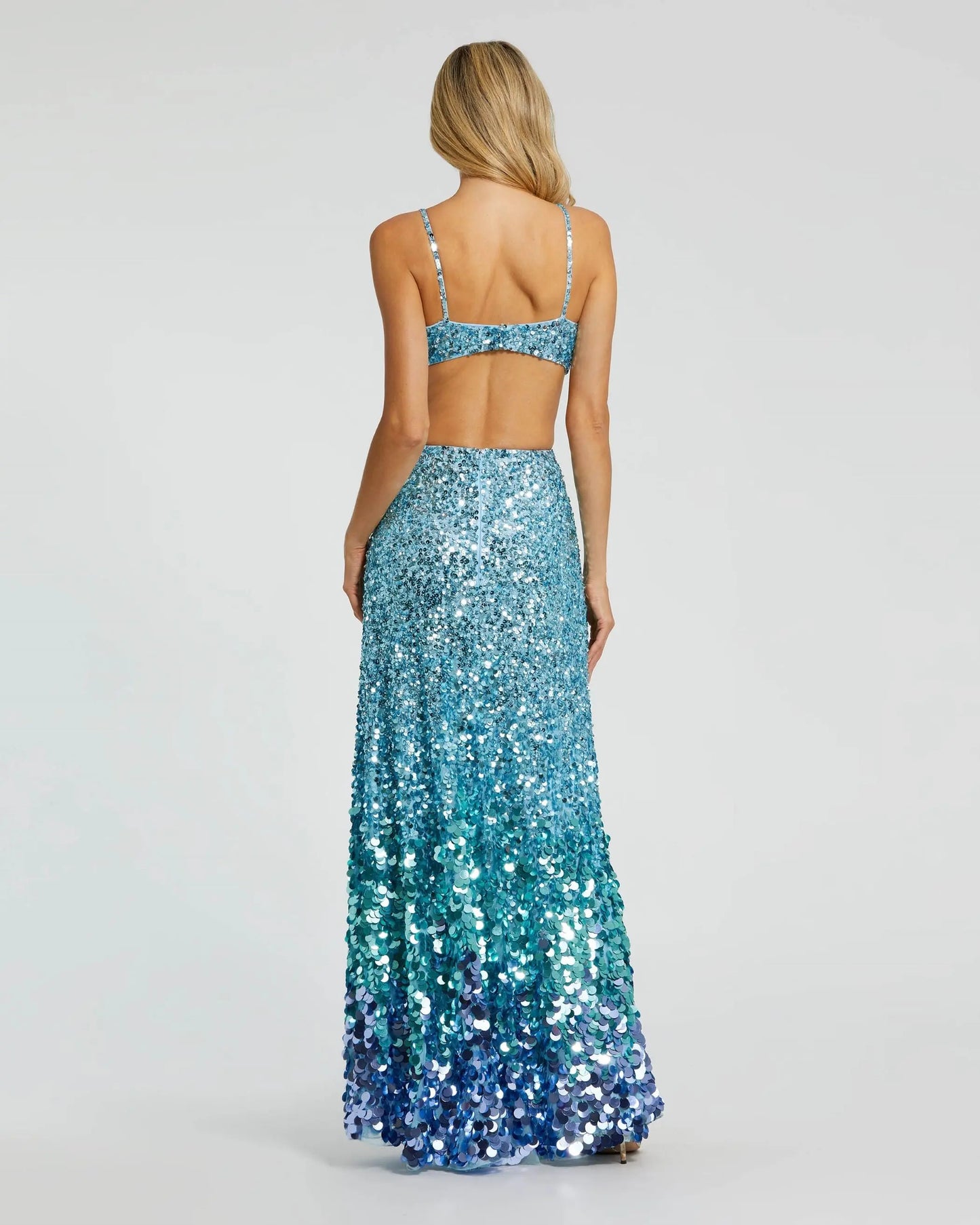 Blue Thin Strap Cut Out Gown With Ombre Sequins - Mac Duggal