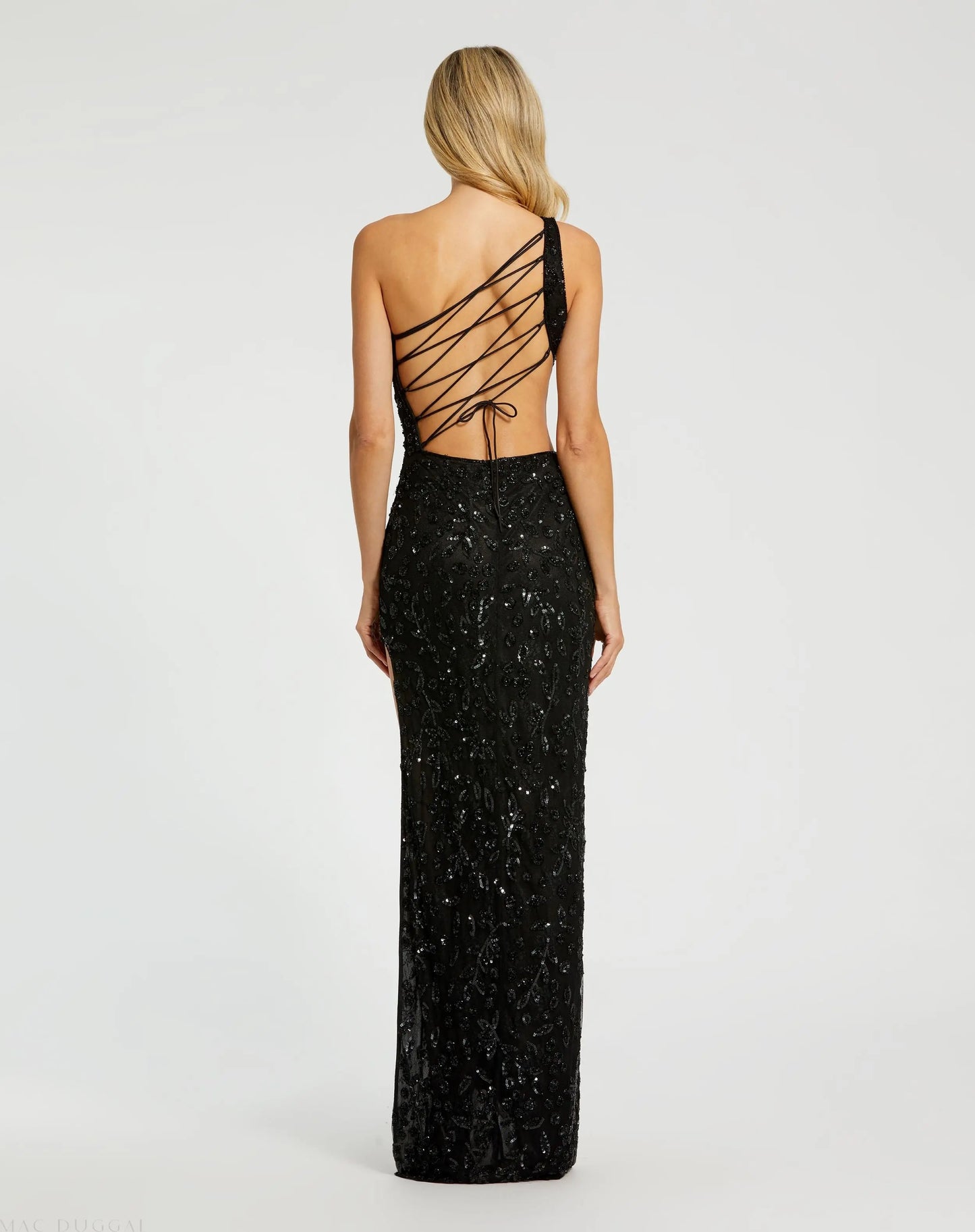 Black One Shoulder Embellished Gown With Slit - Mac Duggal