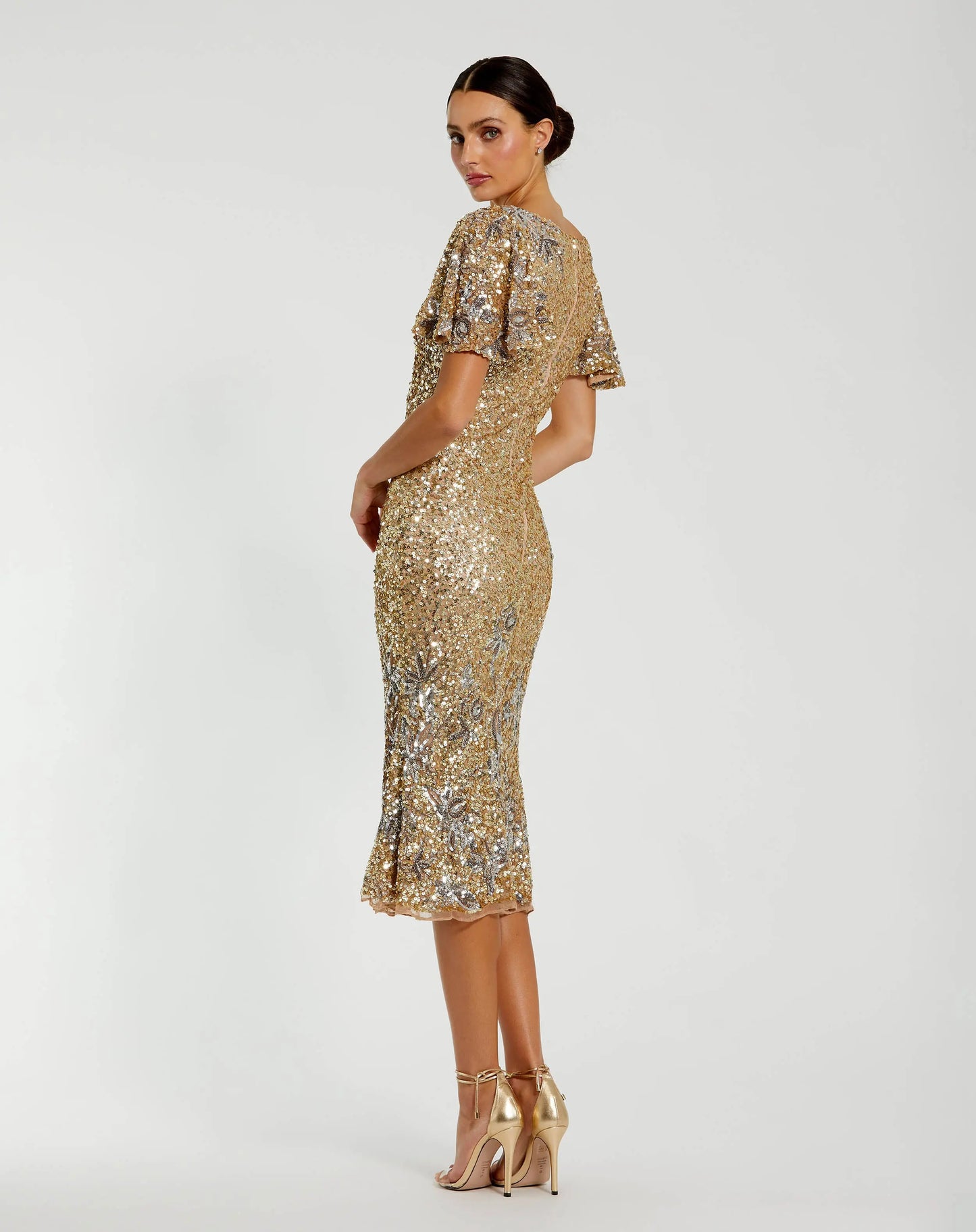 Gold Flutter Sleeve Floral Embellished Sequin Midi Dress - Mac Duggal