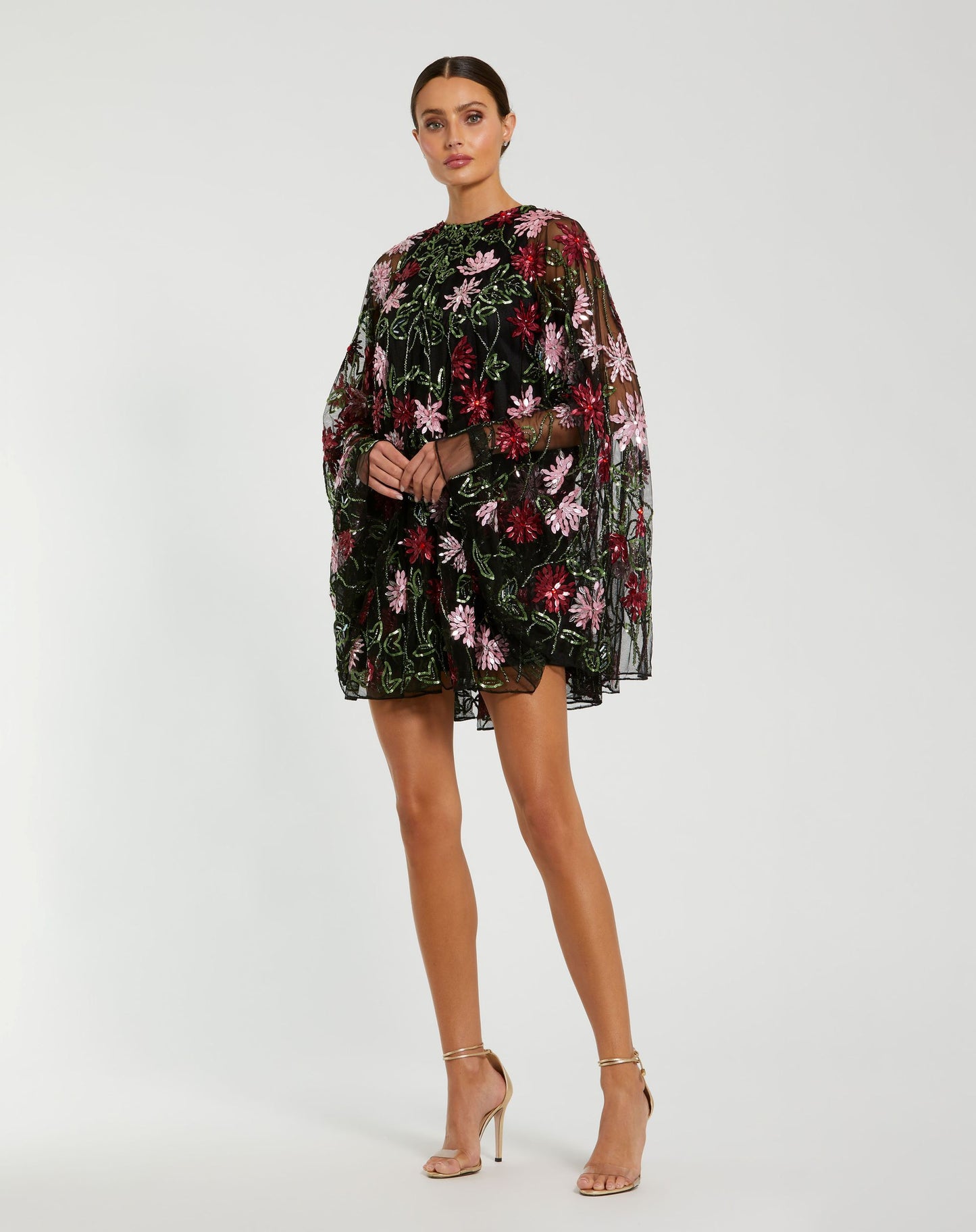 Black Floral Embellished Cape Mini Dress - Mac Duggal