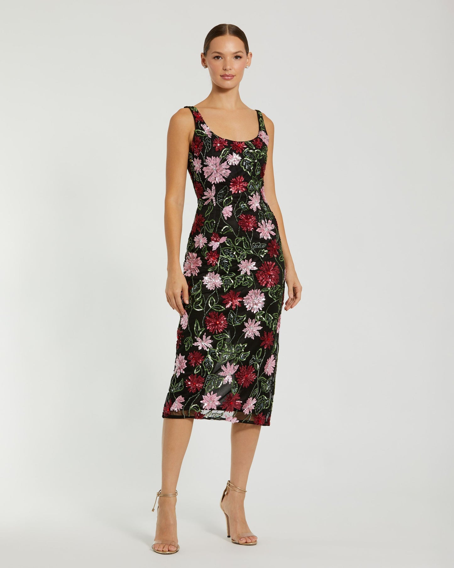 Black Floral Beaded Scoop Neck Midi Dress Mac Duggal