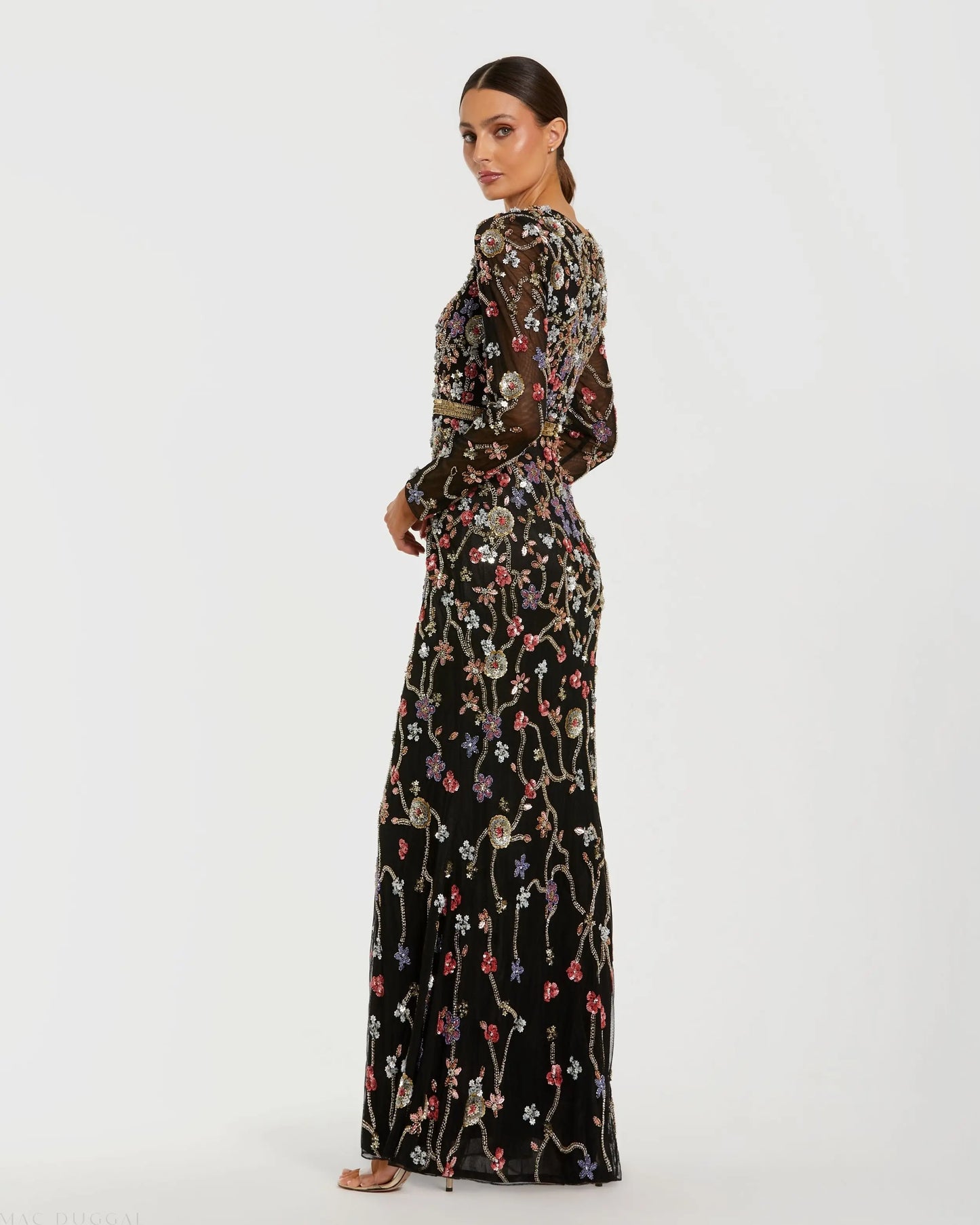 Black Embellished Mesh Long Sleeve Gown Mac Duggal