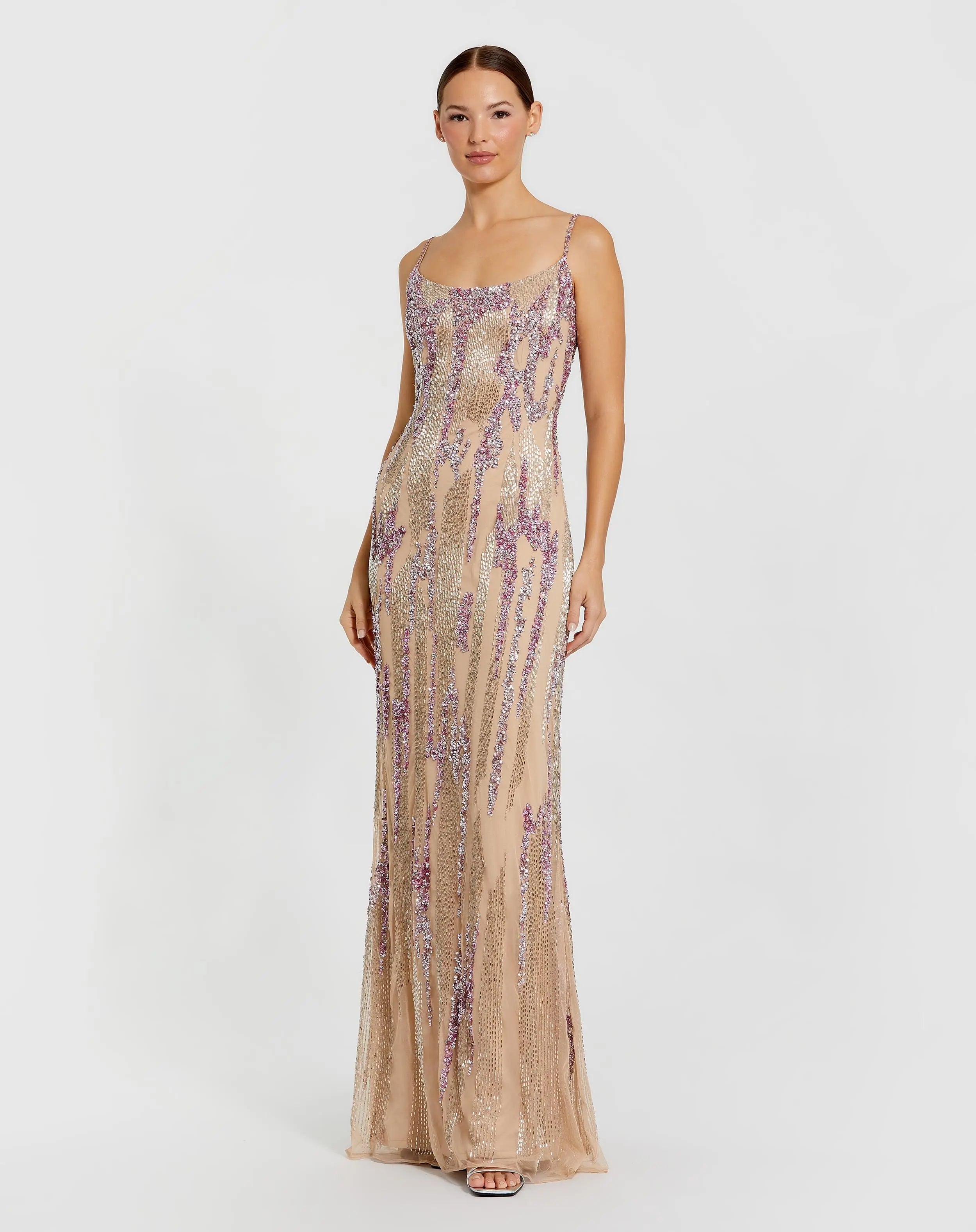 MAC DUGGAL Beige Spaghetti Strap Beaded Column Gown | Mac Duggal