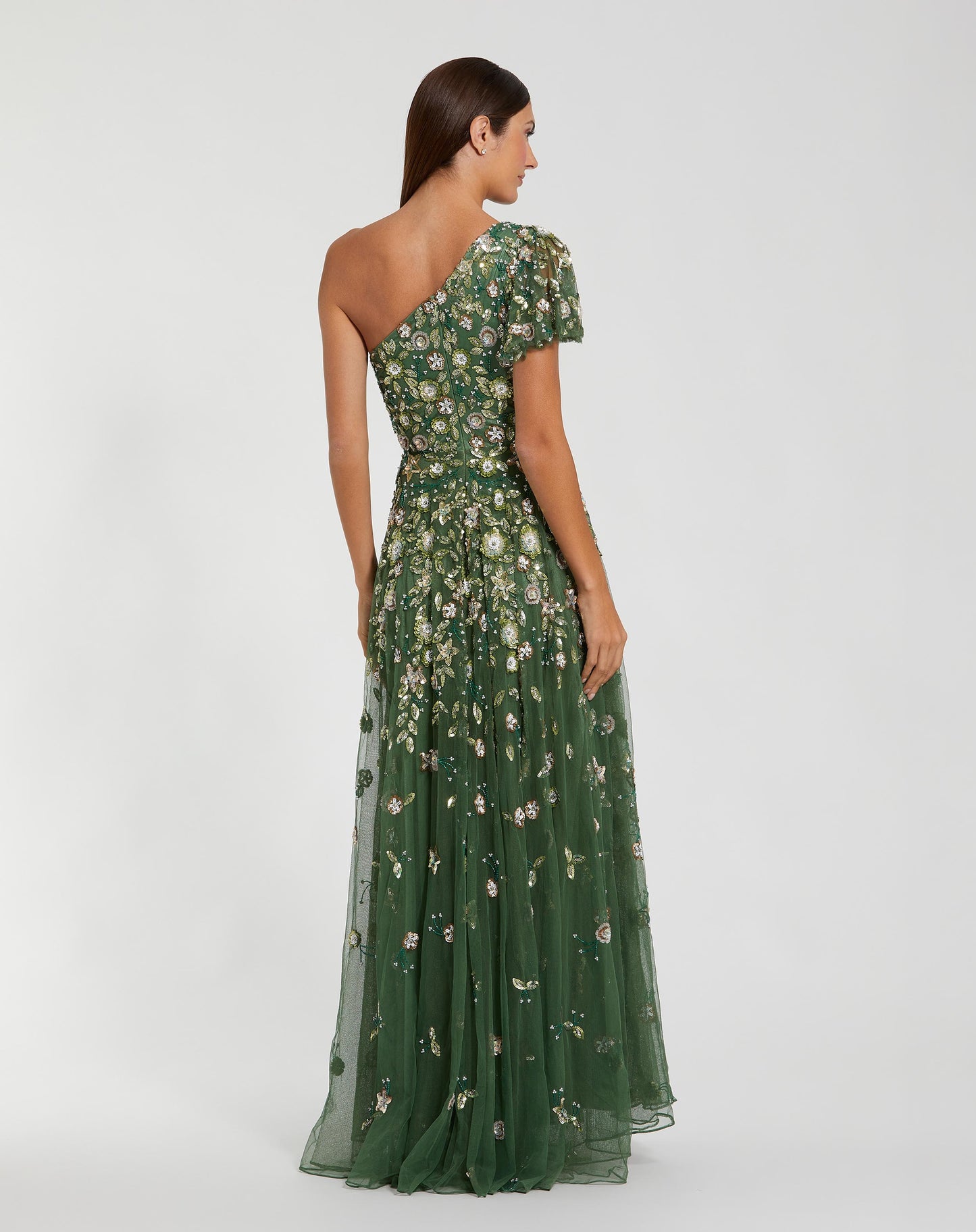 Green One Shoulder Embellished A Line Gown Mac Duggal